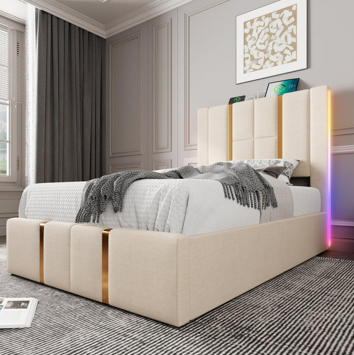 TAPECIRANI krevet od lana 90x200 cm bež s LED rasvjetom, USB i Type-C priključkom te spremištem - bež, tekstil (90/200cm) - Modfu