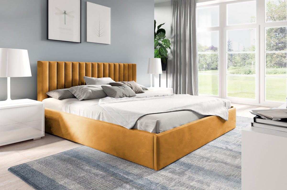 POLSTERBETT Fame Honig 160x200 cm, mit Bettkasten und Paneel-Kopfteil - Honig, Holzwerkstoff/Textil (160/200cm) - Bettso
