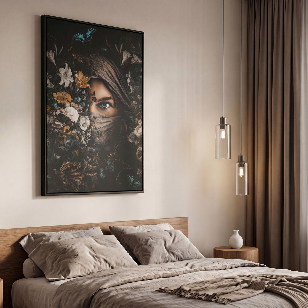 LEINWAND Bilder mit Rahmen - Frau - Luxus - Blumen - Schmetterling - Porträt - 60x90 - Schwarz, Textil (60/90cm) - MuchoWow