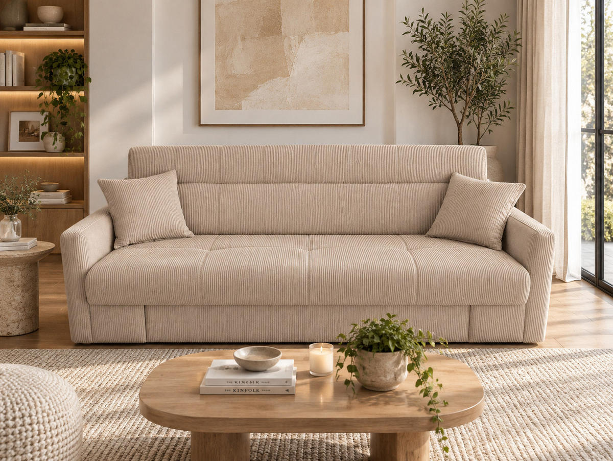 SCHLAFSOFA adare beige 3-sitzer samt - Beige, Holzwerkstoff (198/85/85cm) - Concept Usine