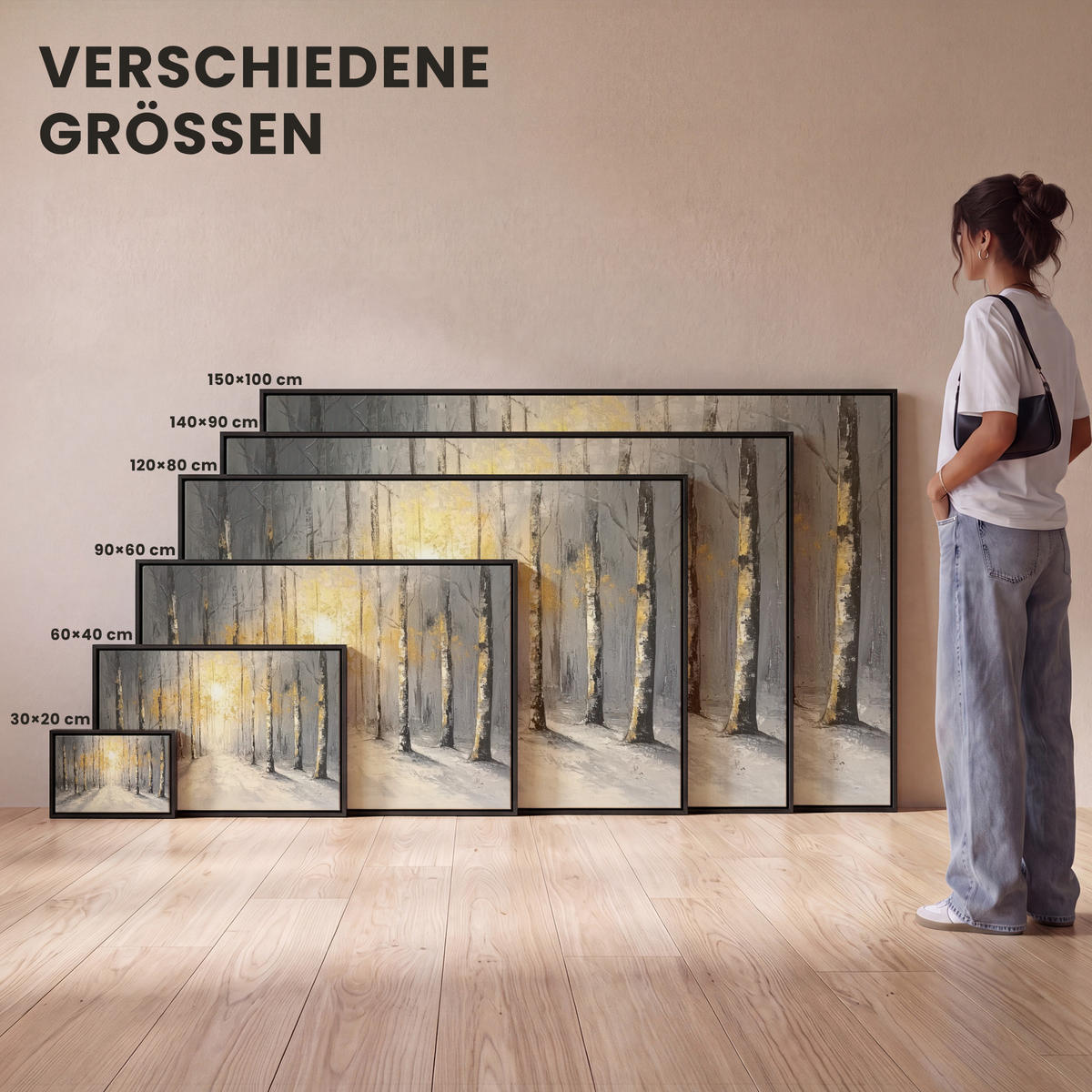 LEINWAND Bilder mit Rahmen - Winter - Abstrakt - Schnee - Natur - Sonne - 120x80 - Grau, Textil (120/80cm) - MuchoWow