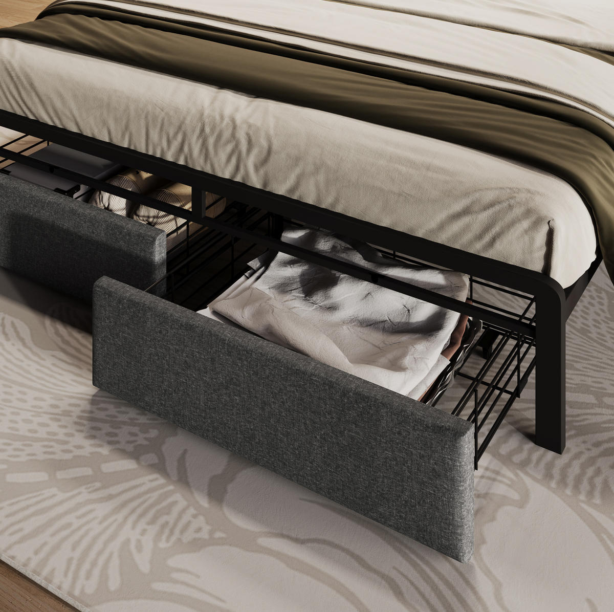 BETT 140/200 cm Grau mit Stauraum, LED-Beleuchtung und USB-Anschlüssen - Grau, Textil (140/200cm) - Flora Grace