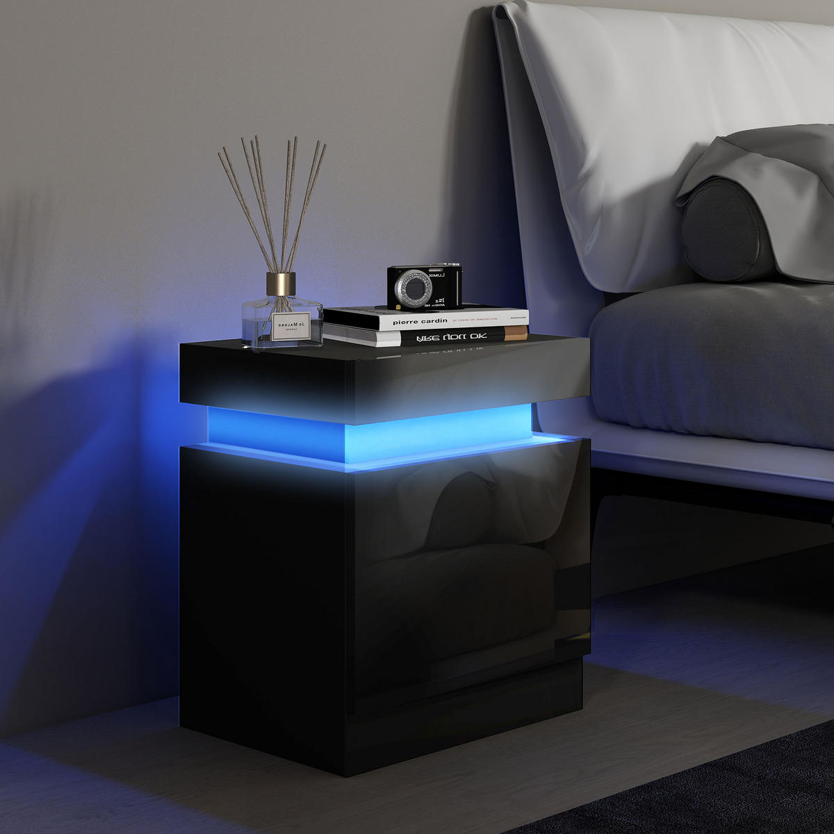 NACHTSCHRANK DE-12861 LED-RGB-Beleuchtung, Hochglanz Schwarz - Schwarz, Holzwerkstoff (35/52/45cm) - ComfortXL
