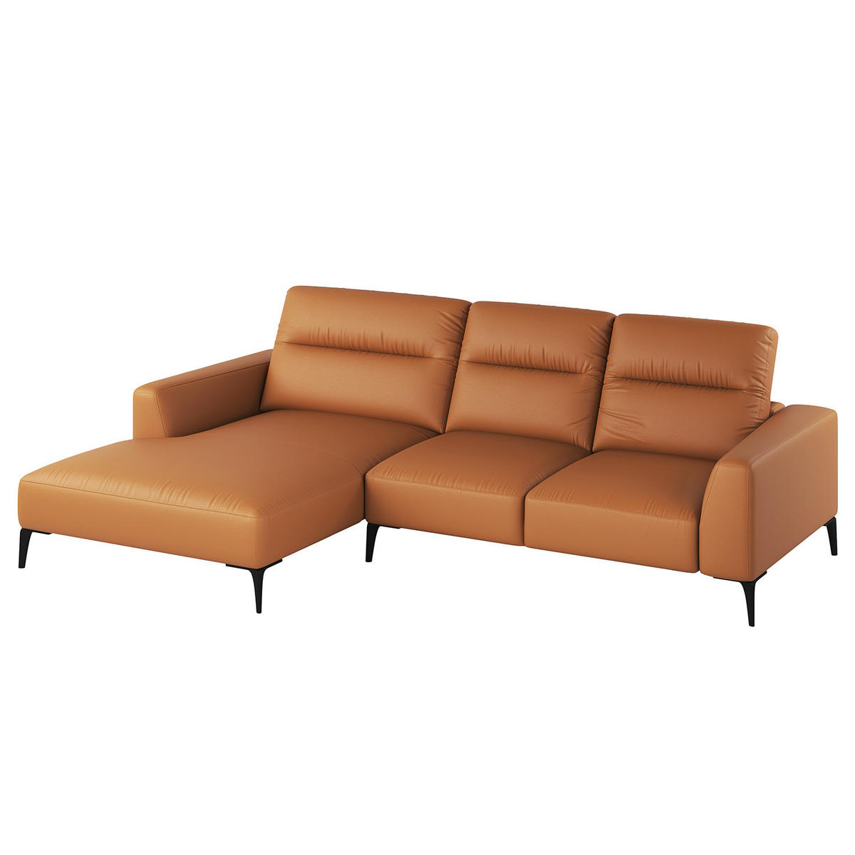 ECKSOFA mit Longchair - Cognac/Schwarz, Leder/Metall (265/180cm) - home24