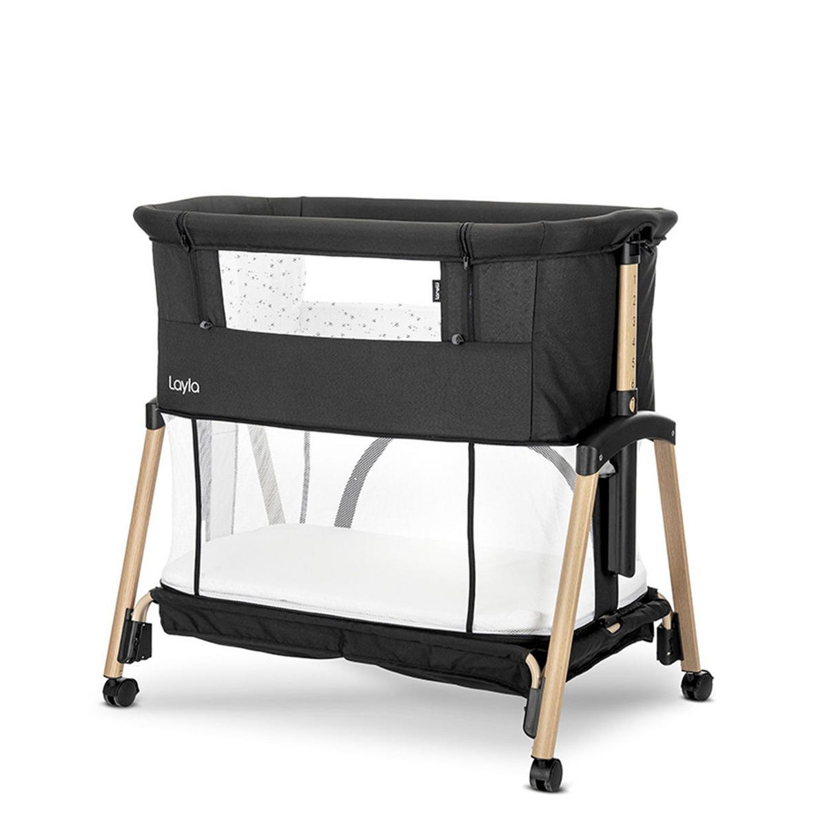 BEISTELLBETT Layla 2 in 1 schwarz 81 x 48 cm, Laufstall, Anti-Reflux, Moskitonetz, Matratze, Räder, Korb - Schwarz, Metall (48/81cm) - Lorelli