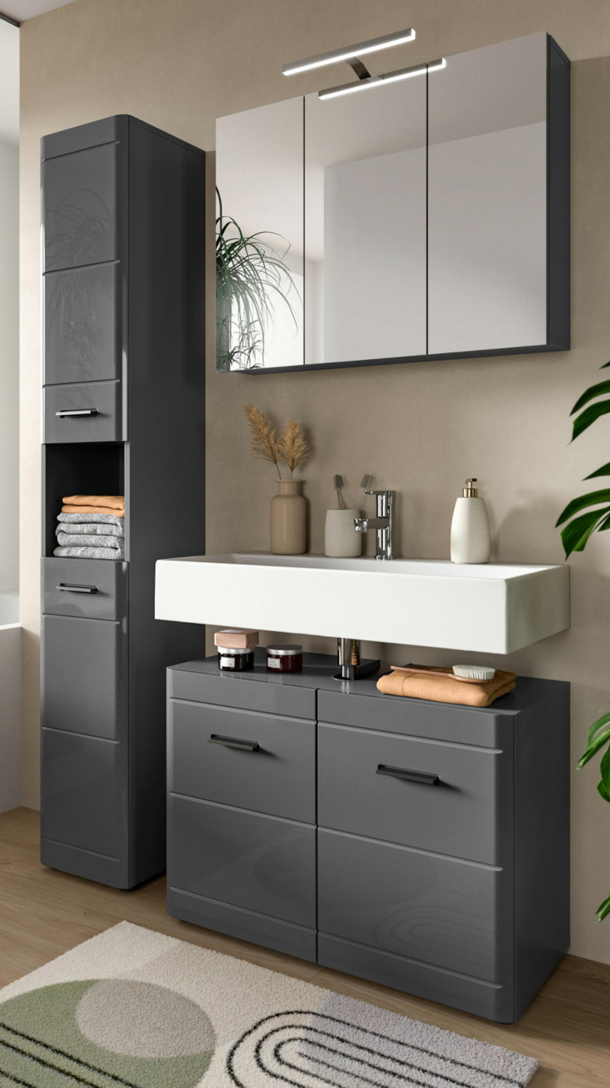 BADMÖBEL-SET grau Hochglanz 125 cm, Komplettset mit Soft-Close - Grau, Glas/Holzwerkstoff (125/190/34cm) - Inn.Furn