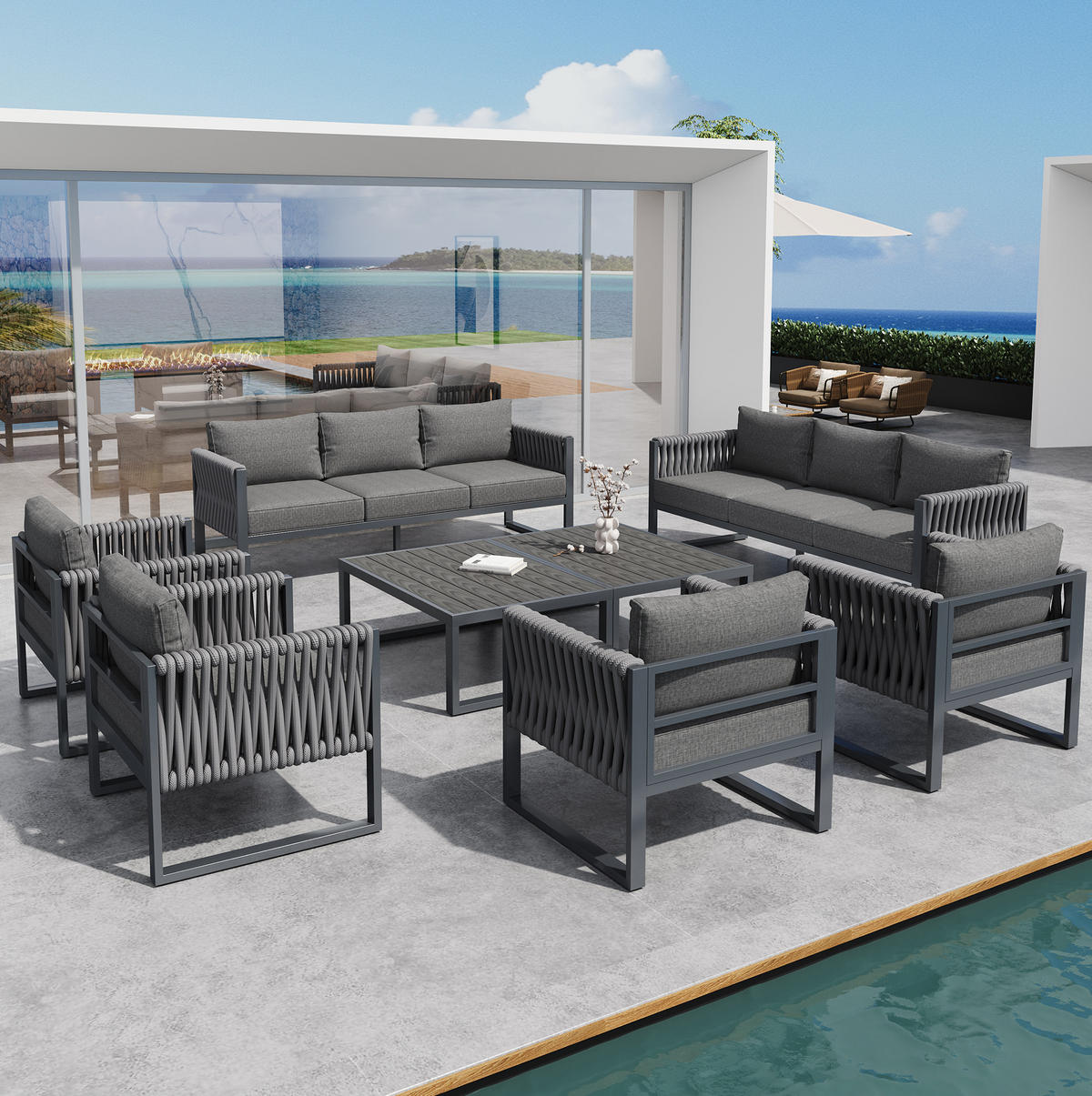 GARTENLOUNGE-SET aus Metall mit Kissen & Tisch, 4 Sessel + 2 Dreisitzer, 167/61/63 cm, Grau - Grau, Metall - Redom