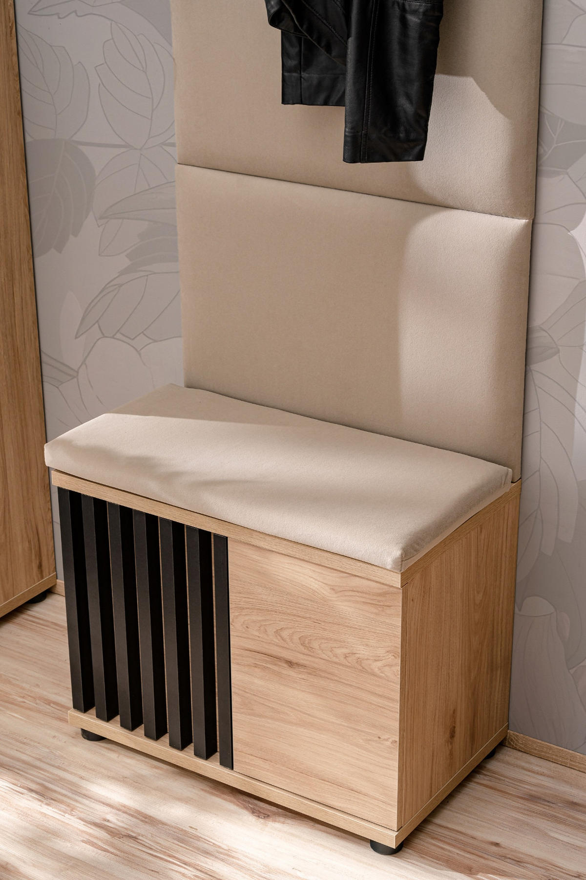 GARDEROBE Set 5-teilig Eiche Jackson, schwarz 250 cm, Garderobenkombination mit 3D-Lamellen - Eichefarben/Schwarz, Holzwerkstoff/Kunststoff (230/202/35cm) - Furn.Design