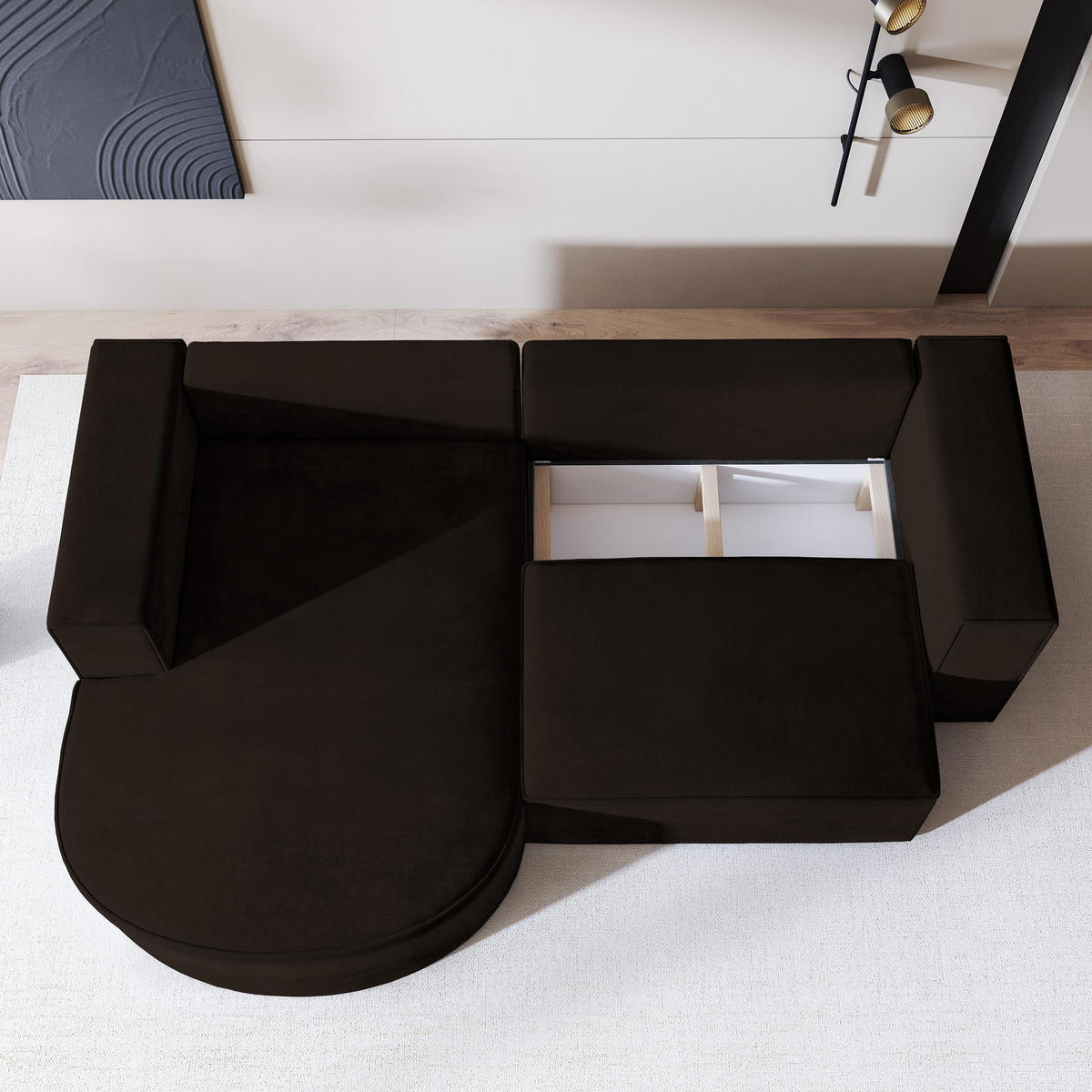 ECKSOFA SORELA M L-S Braun Velours-Stoff mit Schlaffunktion - Braun, Holz (263/174cm) - MASSENO