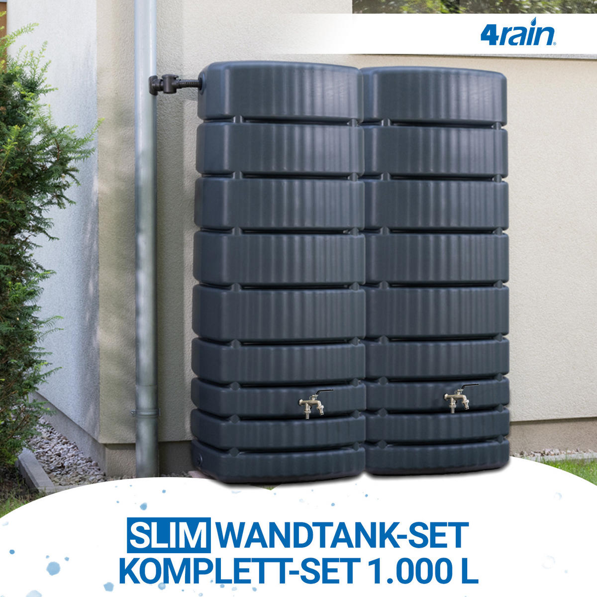 REGENTONNEN Wandtank-SET Komplett-Set 1000 L, graphite grey 2 x 500 L, inkl. Verbinder und Fallrohranschluss - Grau, Kunststoff (51/184/150cm) - 4rain