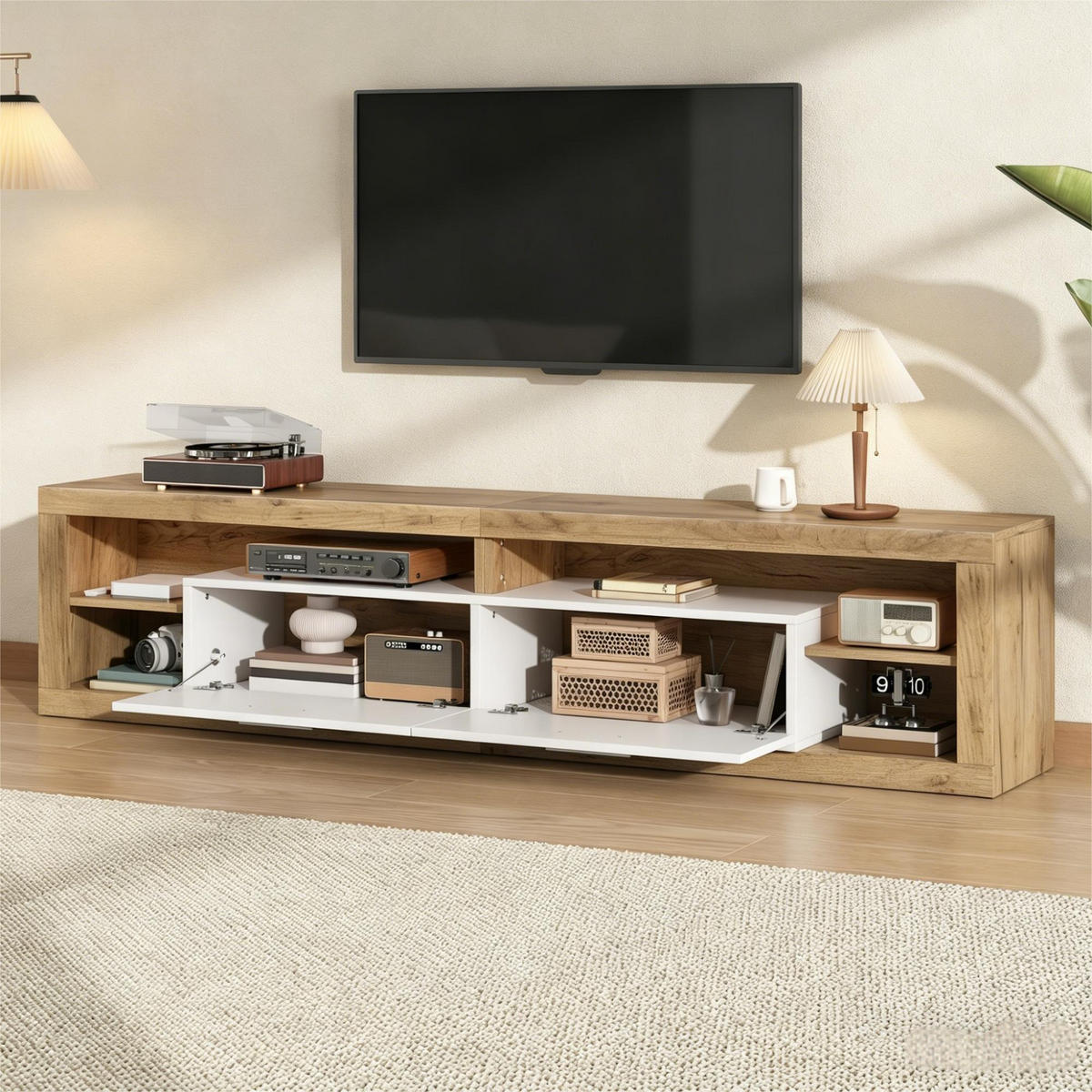 TV-ELEMENT180X35,5X50CM mit App-gesteuerter LED-Beleuchtung für 75-Zoll-TV - Naturfarben, Holz (46.51/13.31/131.7cm) - Raelunyi