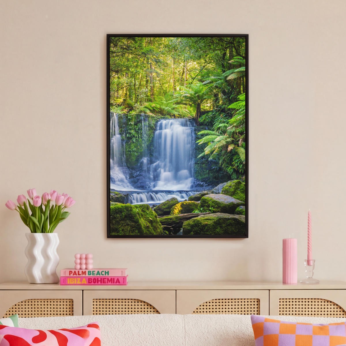 LEINWAND Bilder mit Rahmen - Dschungel - Wasserfall - Australien - Pflanzen - Natur - 60x90 - Dunkelgrün, Textil (60/90cm) - MuchoWow