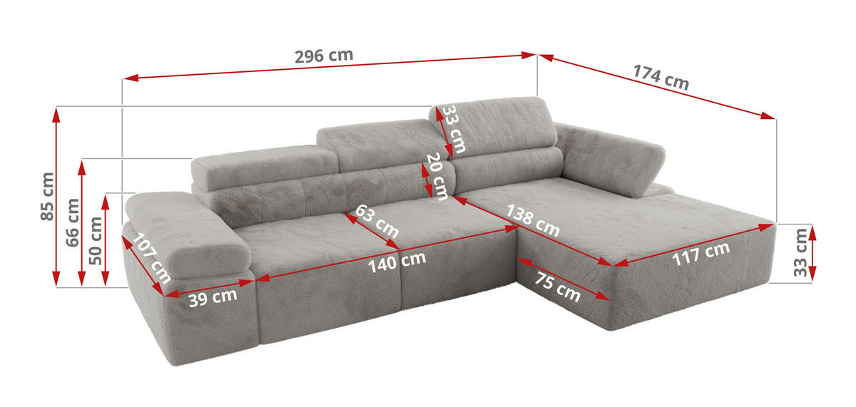 ECKSOFA RILASSO L Hellgrau Plüsch - links - Hellgrau/Schwarz, Kunststoff/Textil (296/174cm) - MKS