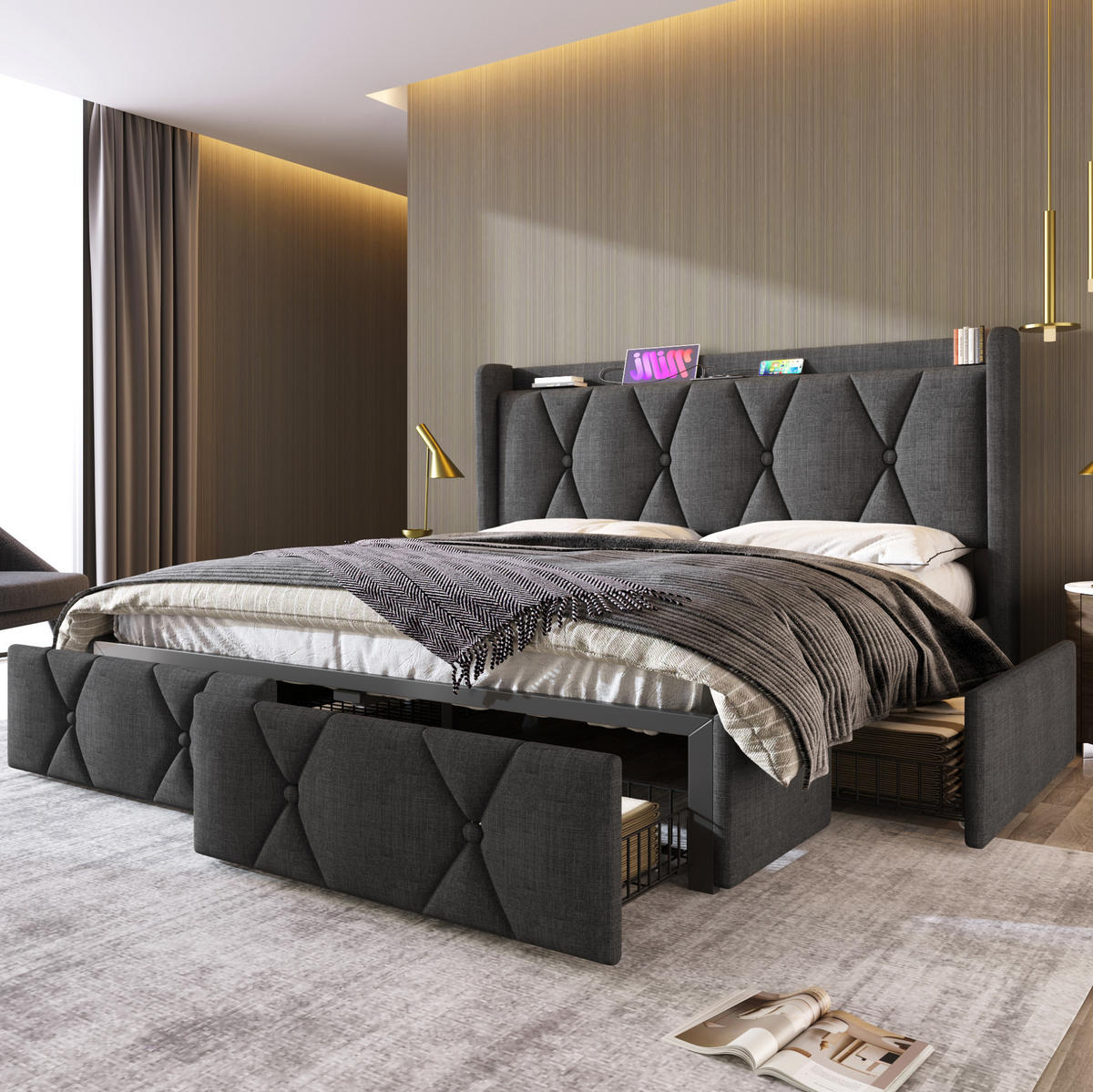 BETT mit USB und 4 Schubladen 140x200 cm Leinen Grau - Grau, Metall (140/200cm) - Meubliv