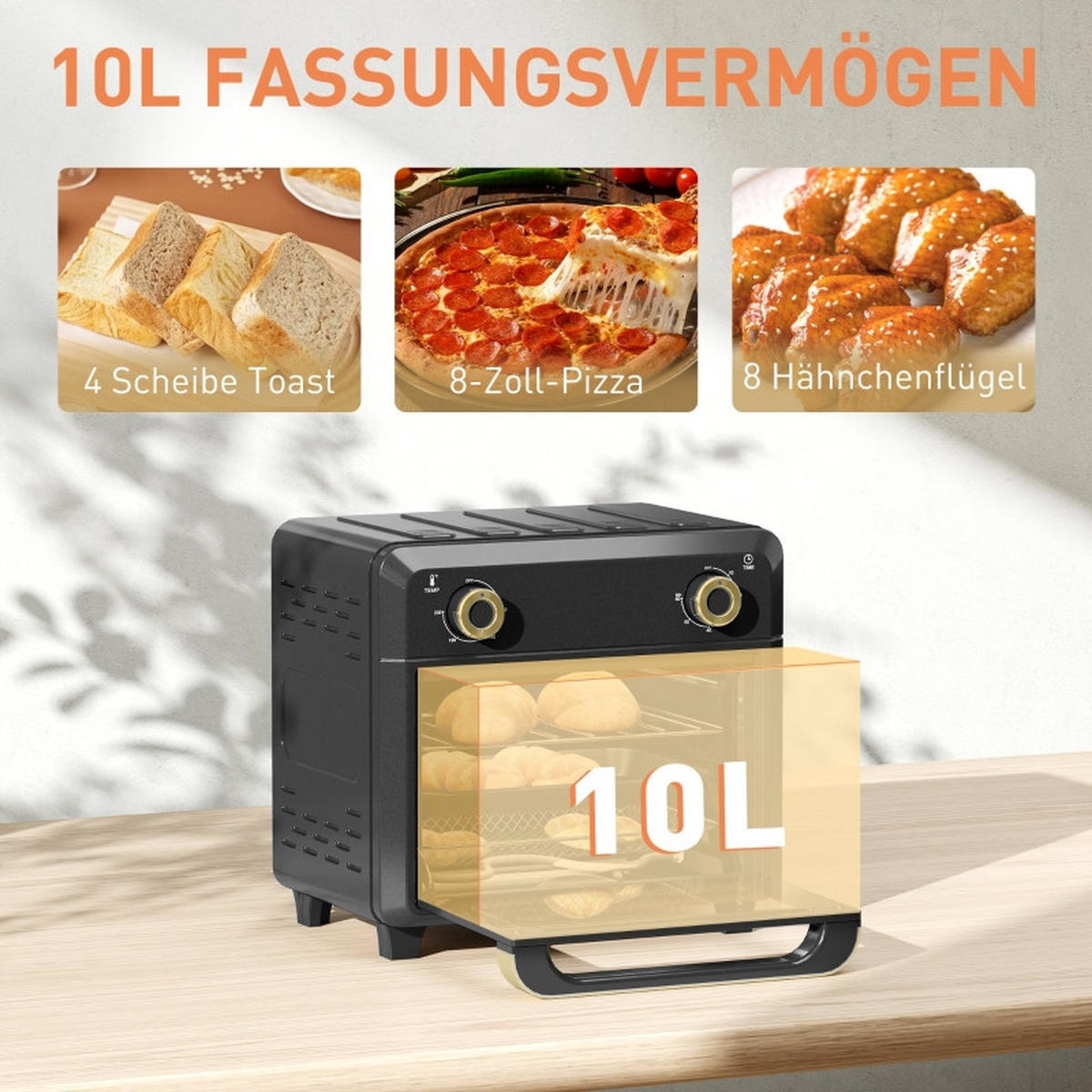 MINIBACKOFEN 10L mit Umluft & Heißluftfritteuse, Mini Ofen mit Timer, Innenbeleuchtung und mehreren Funktionen, Schwarz - Schwarz, Metall (32/29.8/27.2cm) - Beaface