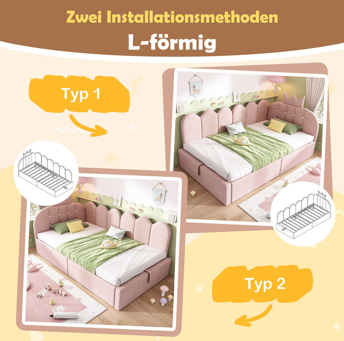 POLSTERBETT aus Samt 90x190 cm Rosa mit hydraulischem Stauraum und Kronen-Gitter-Design - Rosa, Textil (90/190cm) - Modfu
