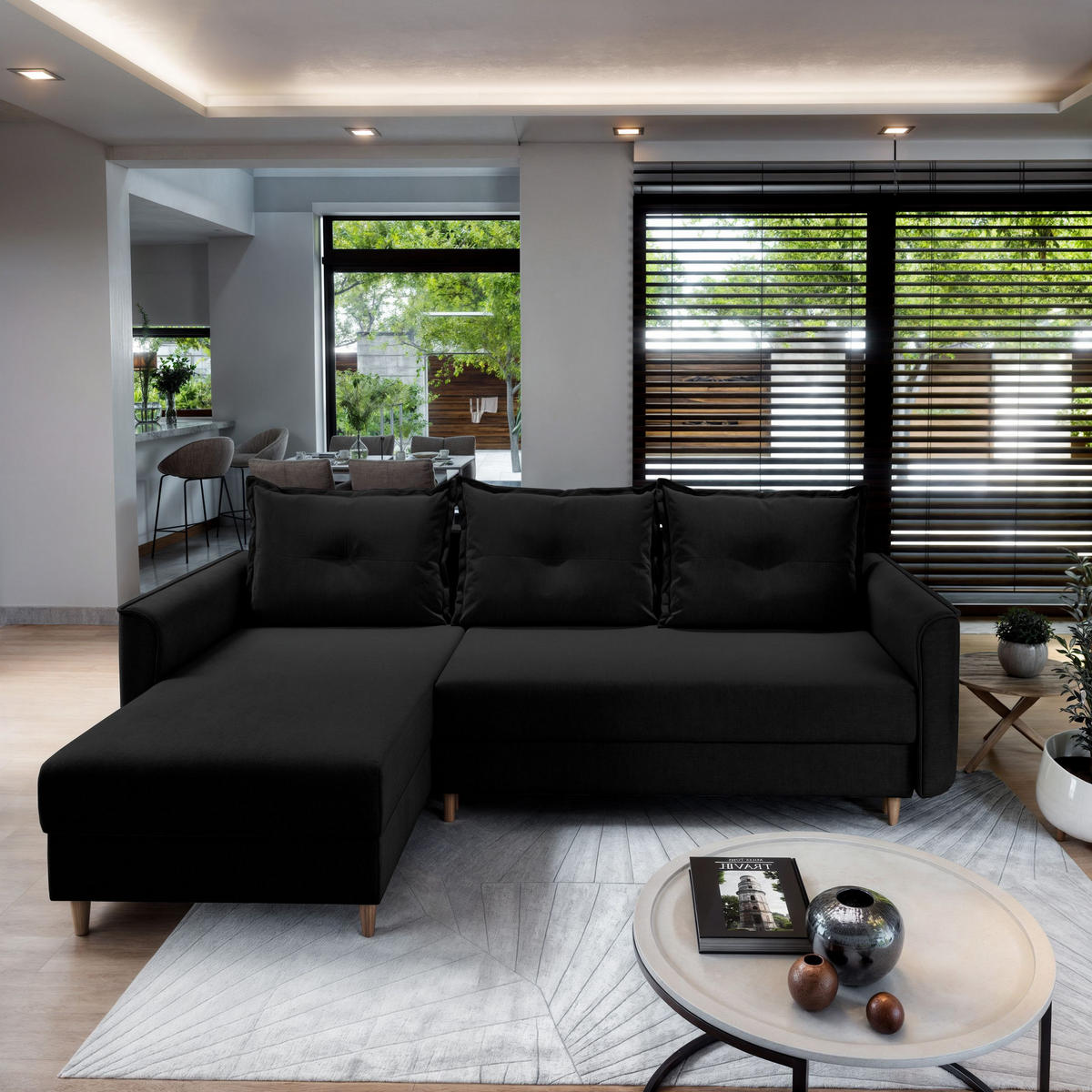 ECKSOFA PISAN R-S Schwarz Plüsch-Stoff mit Schlaffunktion - Schwarz, Holz (220/140cm) - MASSENO