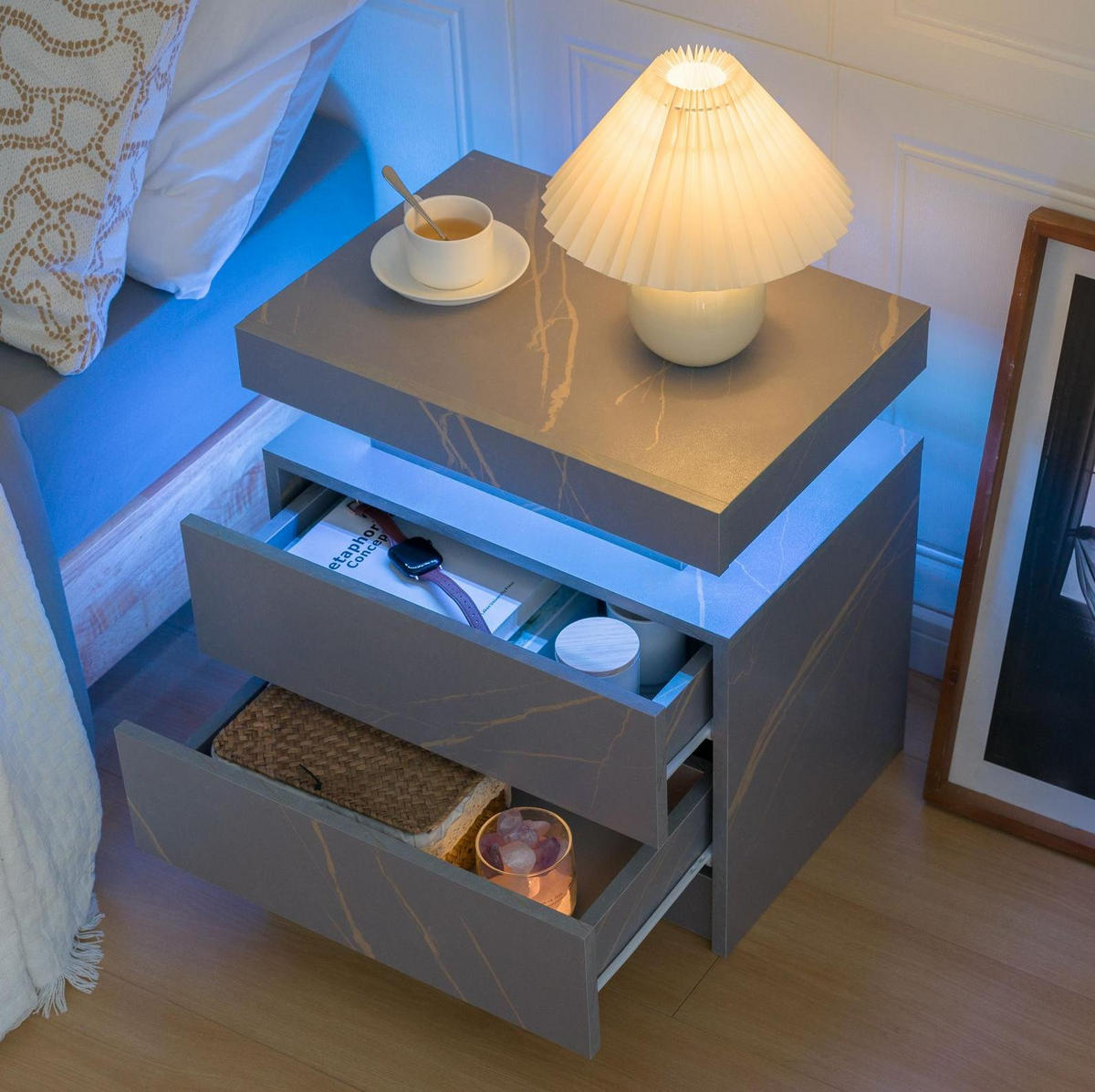NACHTTISCH aus Holzwerkstoff 50x53x36 cm Grau/Gold mit LED-Beleuchtung und 2 Schubladen - Grau, Holzwerkstoff (50/36/53cm) - Modfu