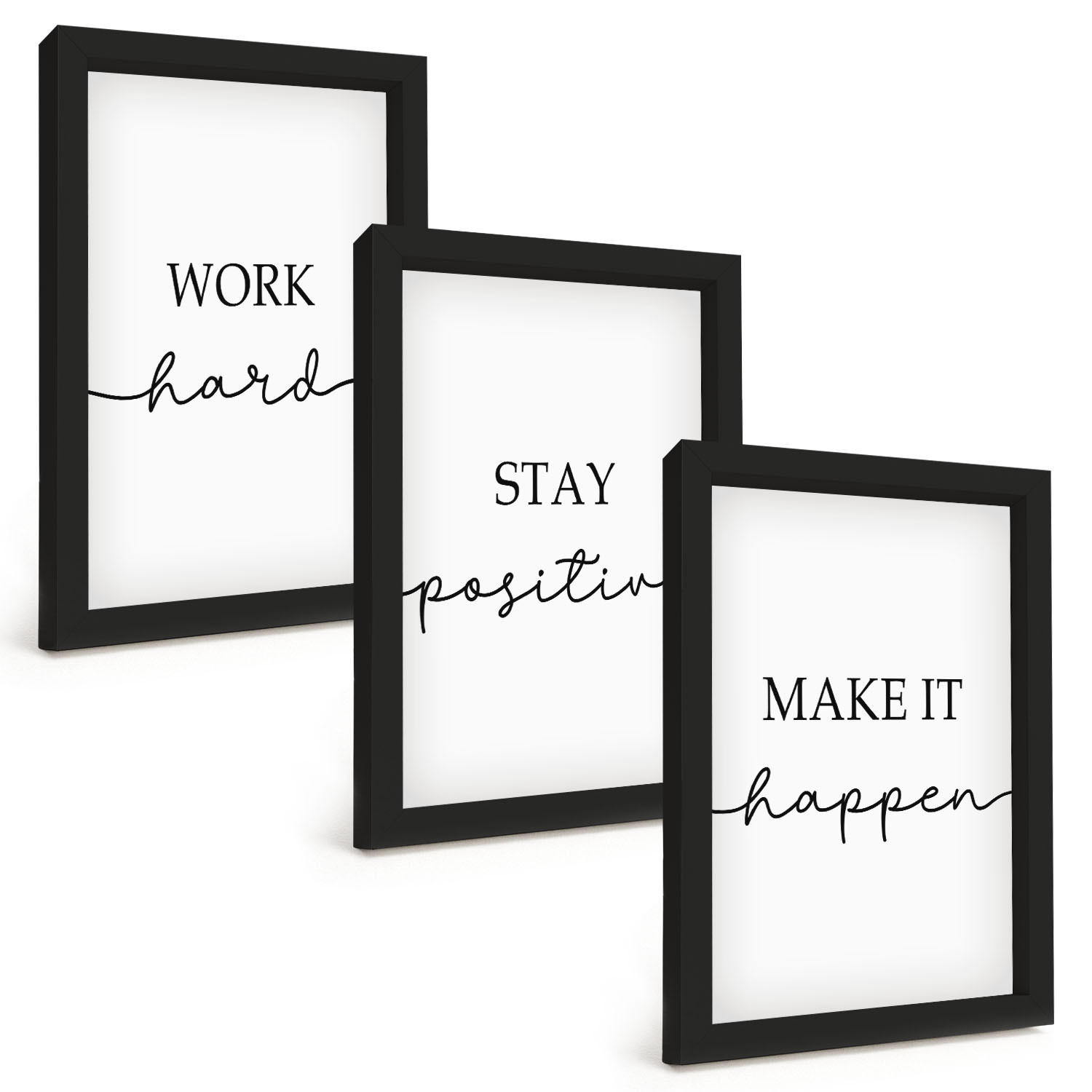 BILDER SET 3er Set - 20x30 cm Schwarzer Rahmen - Minimalistische Motivationsinschriften - Schwarz, Kunststoff (20/30cm) - TULUP