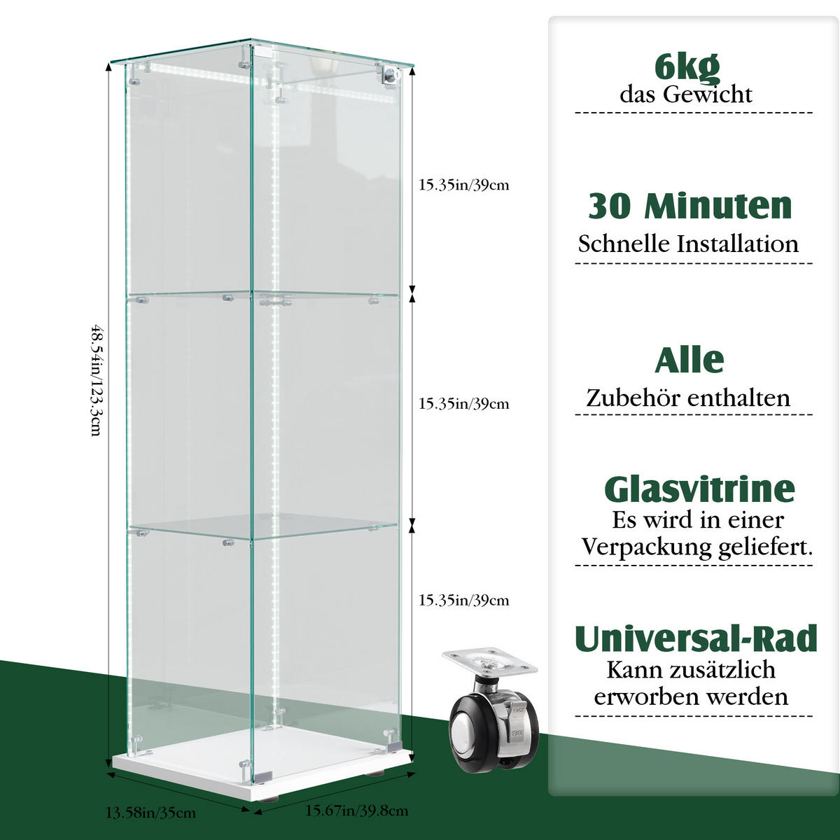 VITRINE, LED-Lichtleiste, 3 Einlageplatten, einzeltür mit Schloss, Weiß - Weiß, Glas (39.8/123.3/35cm) - BRILVERDE