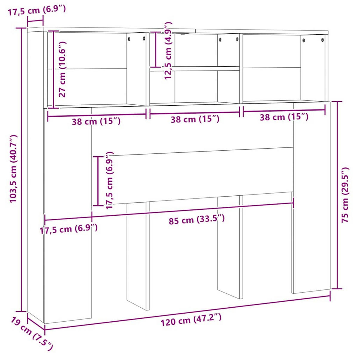 KOPFTEIL mit Ablagen, 120/19/103,5 cm, aus Holzwerkstoff, in Weiß - Weiß, Holz (19/103.5/120cm) - vidaXL