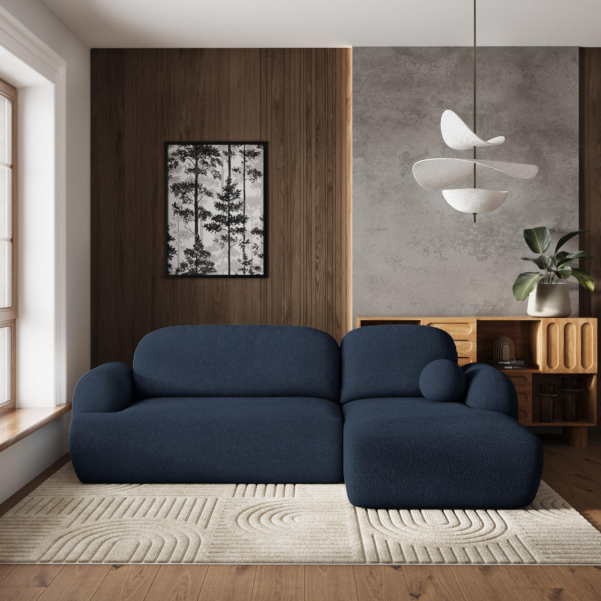 ECKSOFA MODENZA N R-S Blau Boucle-Stoff mit Schlaffunktion - Blau/Schwarz, Holz/Kunststoff (266/148cm) - MASSENO