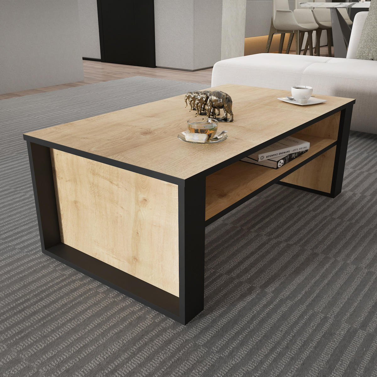 COUCHTISCH Manhattan Grau - Eichefarben/Schwarz, Holzwerkstoff (110/60/40cm) - Decorotika