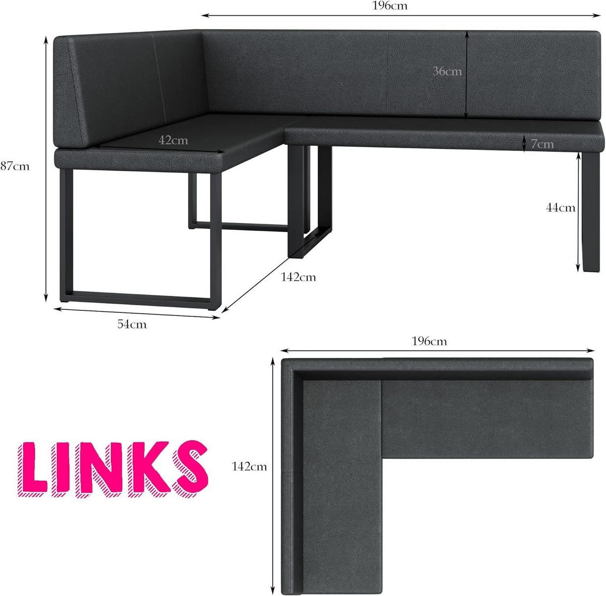 ECKBANK Alina - Kunstleder - 142 x 196 cm - Links - Grau - Grau, Leder/Metall (196/142cm) - AN-Moebel 4u