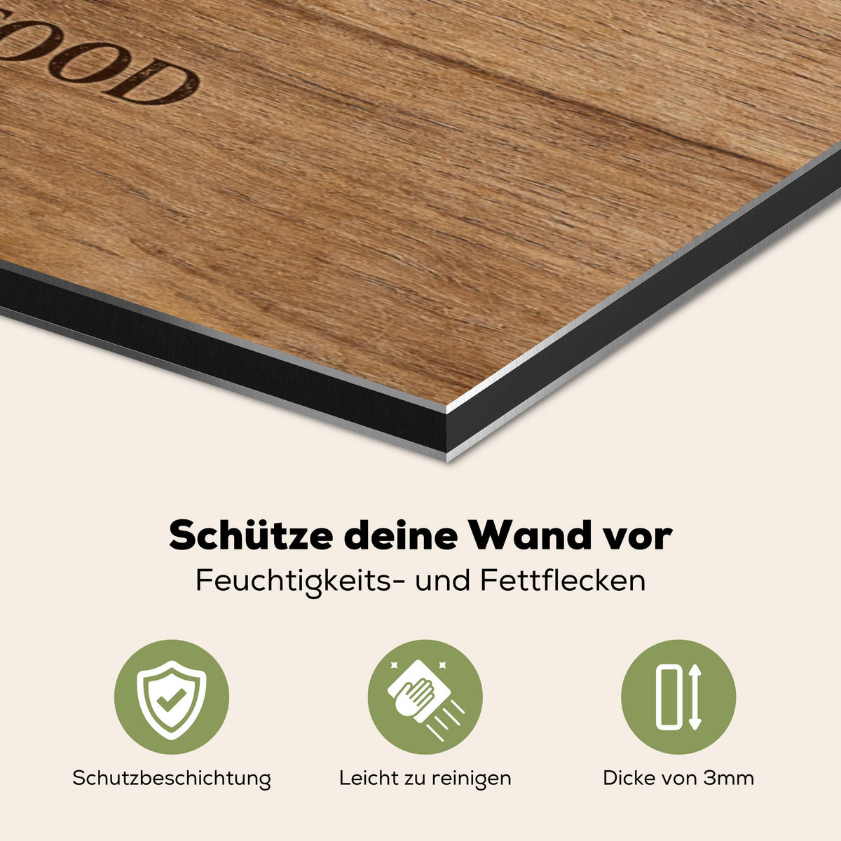 SPRITZSCHUTZ KÜCHE Zitat - Bistro - Guten Appetit - Süßes Zuhause - Holzmaserung 90x60 cm - Braun, Metall (90/0.3/60cm) - MuchoWow