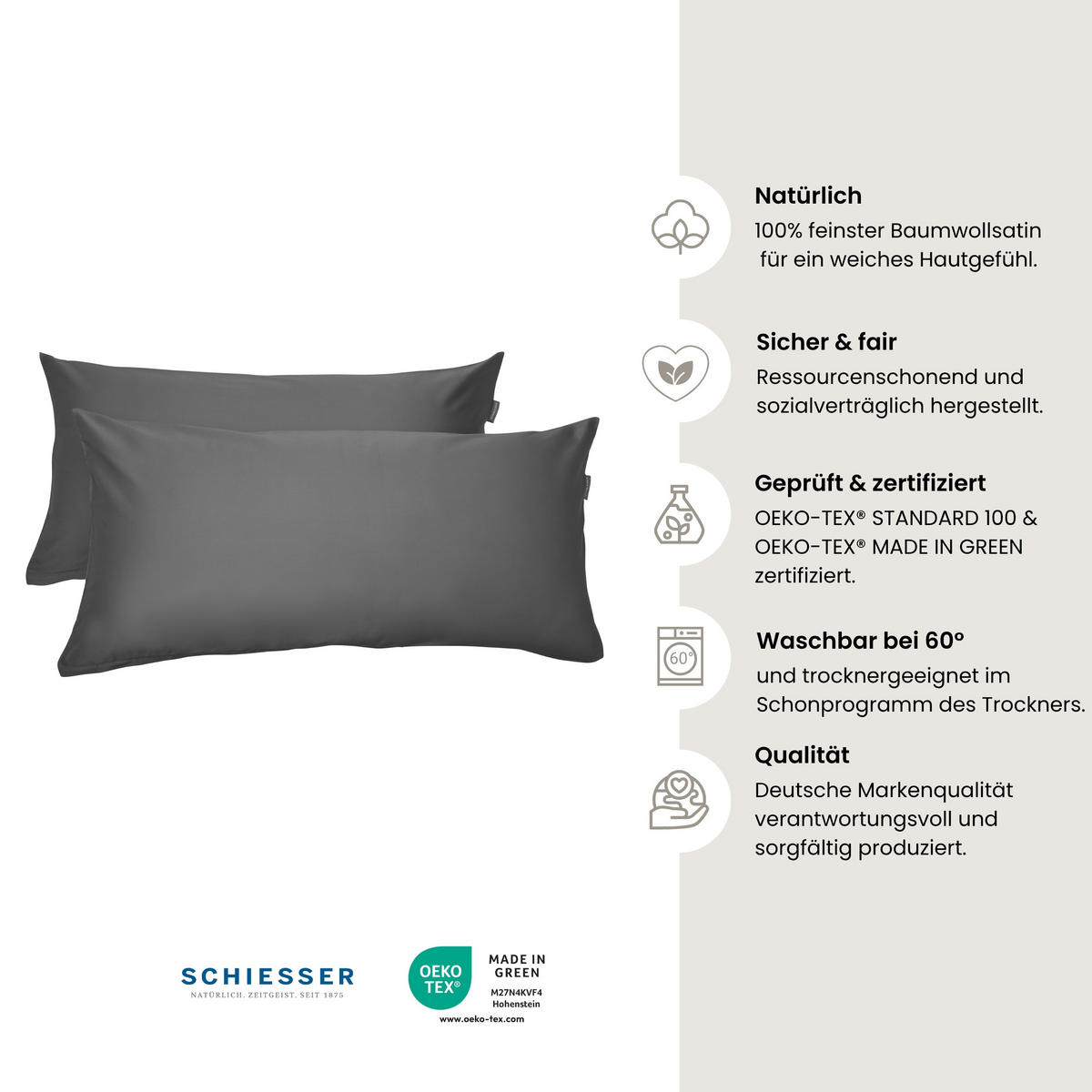 KISSENHÜLLENSET Ella - Baumwollsatin - 2-teilig - 40 x 80 cm - Dunkelgrau - Dunkelgrau, Textil (40/80cm) - SCHIESSER