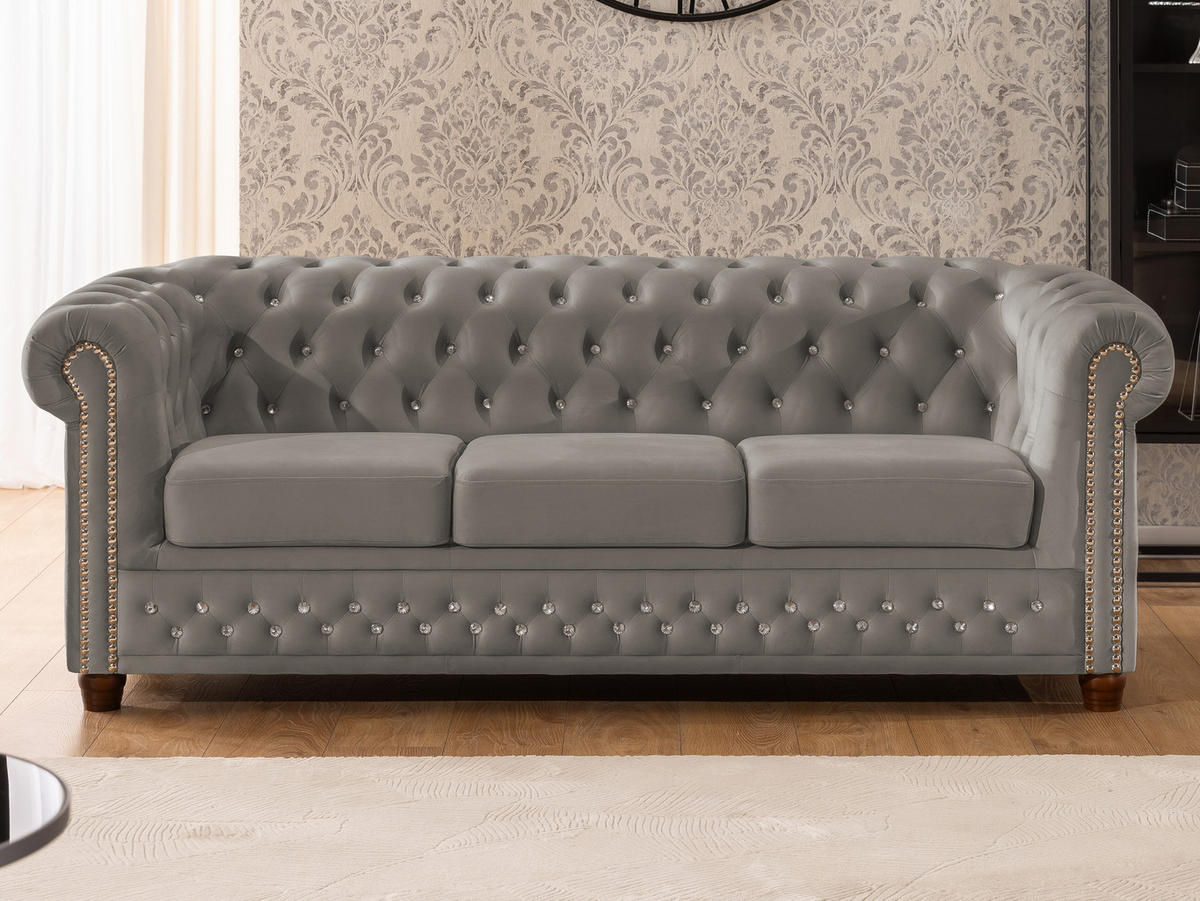 CHESTERFIELD-SOFA 3-sitzer Cleo Blink Grau Samt mit Kristallsteppung und braunen Massivholzfüßen - Braun/Grau, Holz/Textil (203/72/86cm) - S-Style Möbel