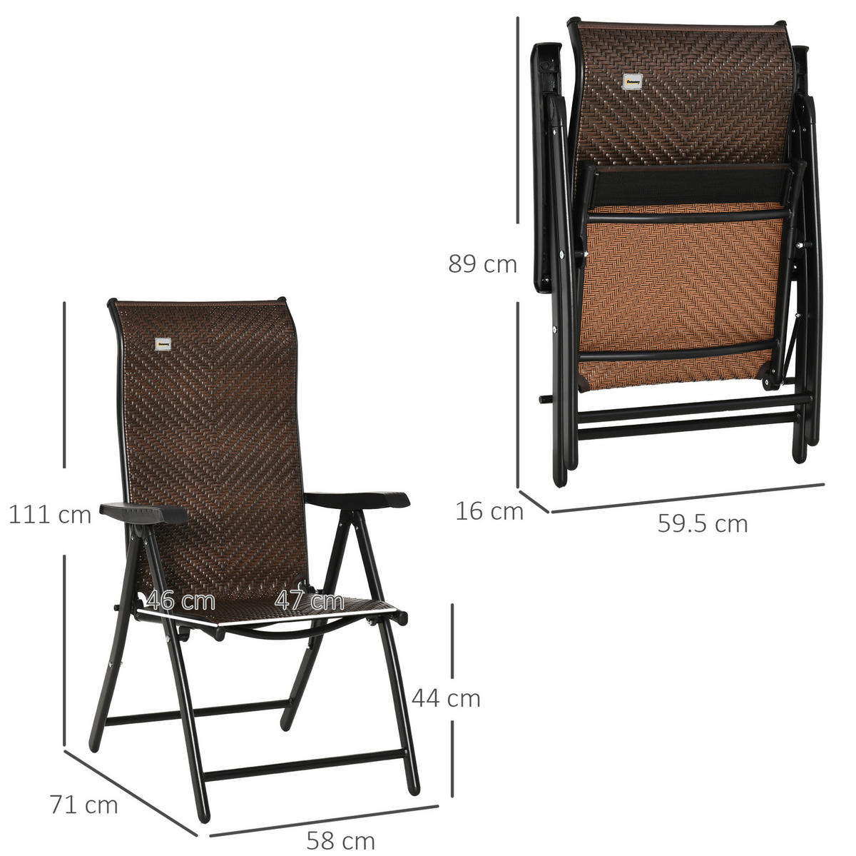 KLAPPSTUHL 58/71/111 cm braun aus PE-Rattan und Stahl 7-fach verstellbar - Braun, Kunststoff (71/111/58cm) - OKWISH