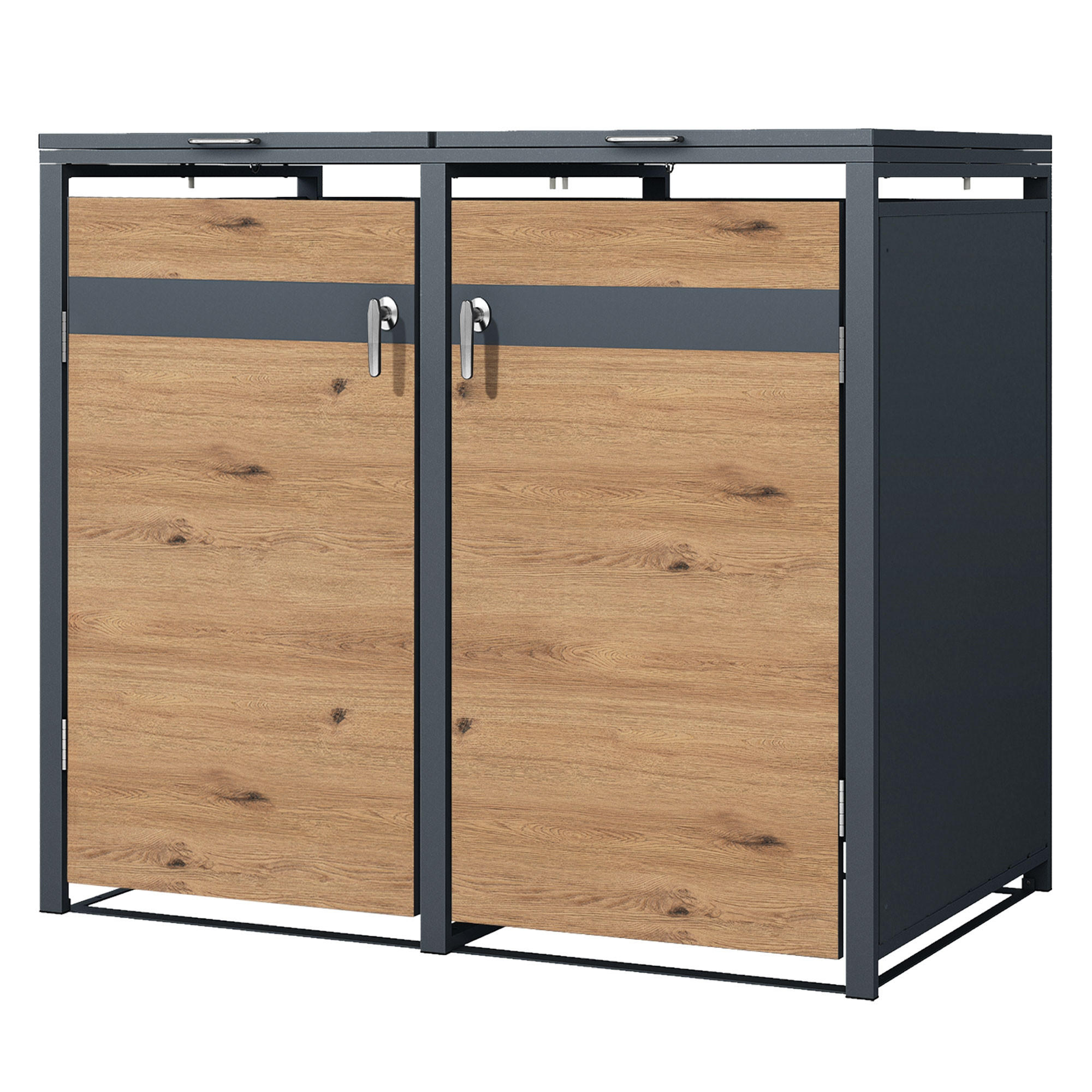 MÜLLTONNENBOX 2er Anthrazit-Eichenoptik - Braun, Metall (80/116.3/132cm) - ML-DESIGN