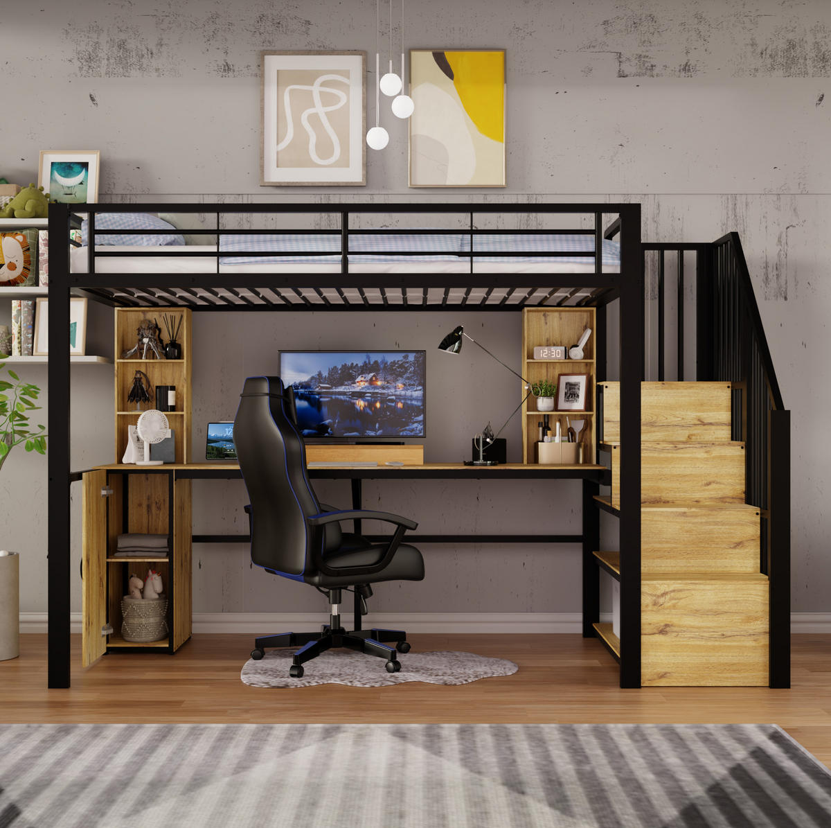 HOCHBETT Metall-Holz 90x200 cm Schwarz mit Schreibtisch, Stauraumtreppe, Schrank & USB-Anschluss - Schwarz, Metall (90/200cm) - Modfu