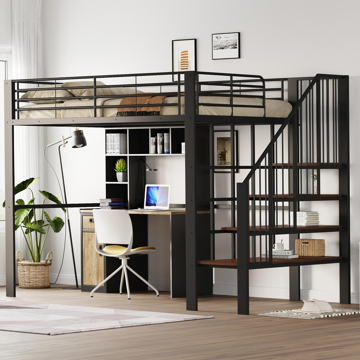 HOCHBETT 140/200 cm Schwarz mit Treppe und Stauraum aus Metall - Schwarz, Metall (140/200cm) - Flora Grace