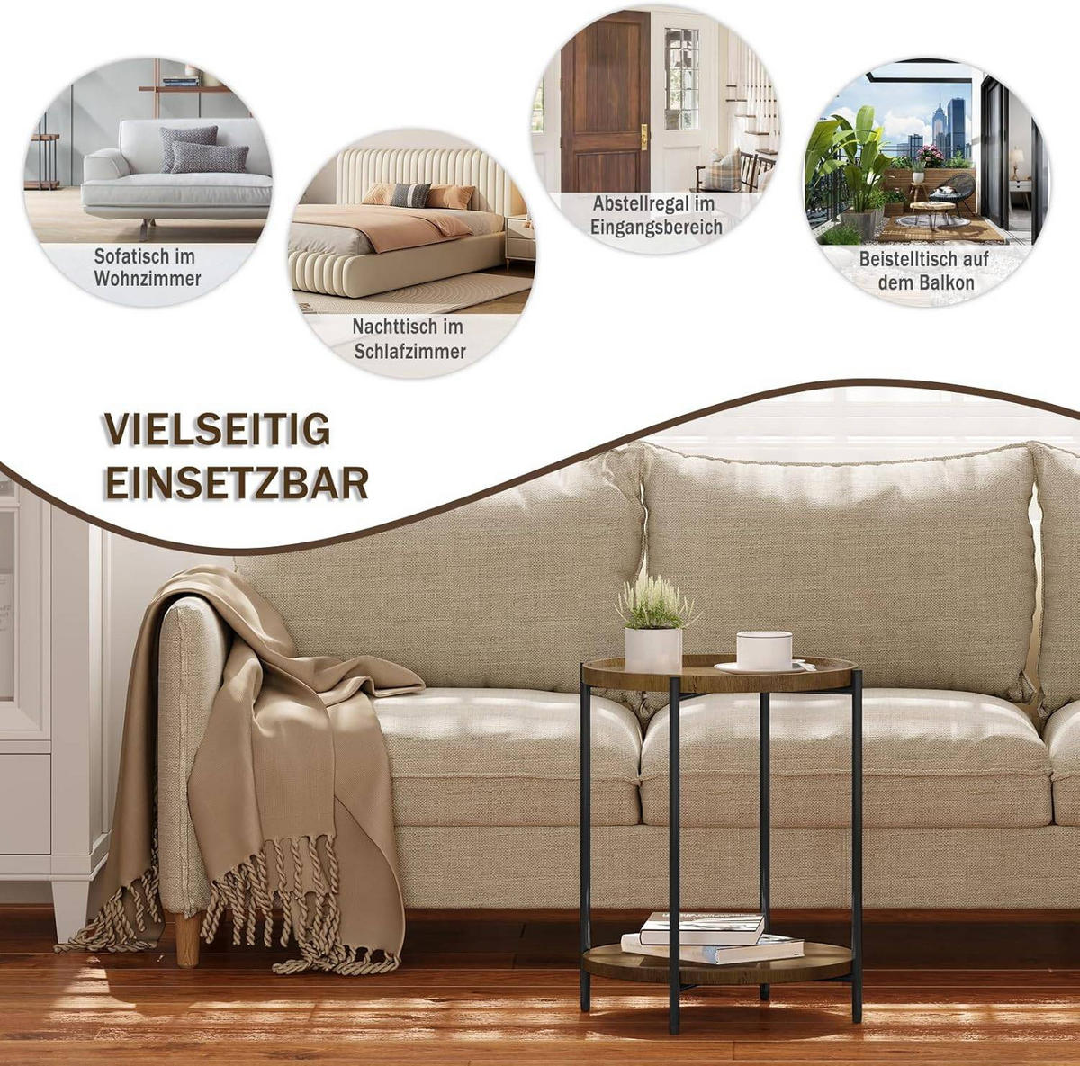COUCHTISCH rund, mit 2 Ablagen, Vintage-Holzmaserung - Schwarz/Teakfarben, Holzwerkstoff/Metall (43/43/51cm) - Woltu