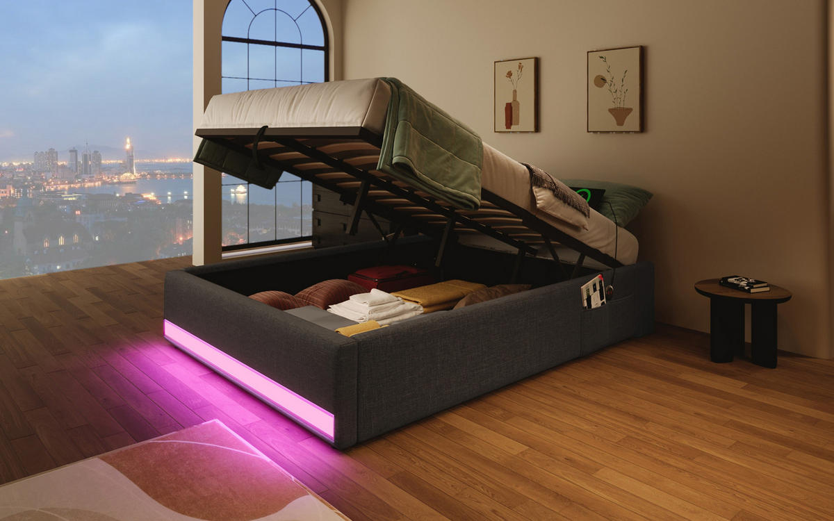 POLSTERBETT 90/200 cm Grau aus Leinen mit LED-Leiste - Grau, Textil (90/200cm) - OKMYHOME