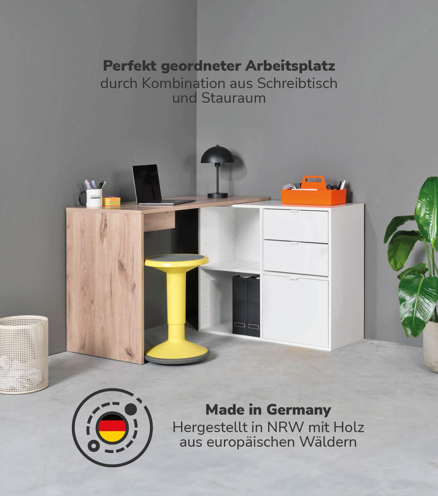 ECKSCHREIBTISCH Der Produktive - Eichefarben/Weiß, Holzwerkstoff (54/112/77cm) - Mokebo