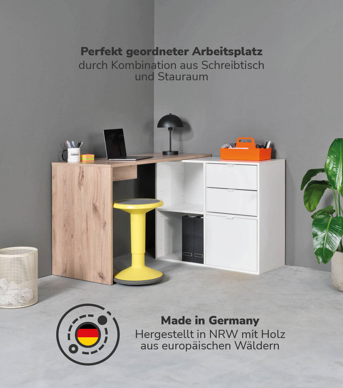 ECKSCHREIBTISCH Der Produktive - Eichefarben/Weiß, Holzwerkstoff (54/112/77cm) - Mokebo