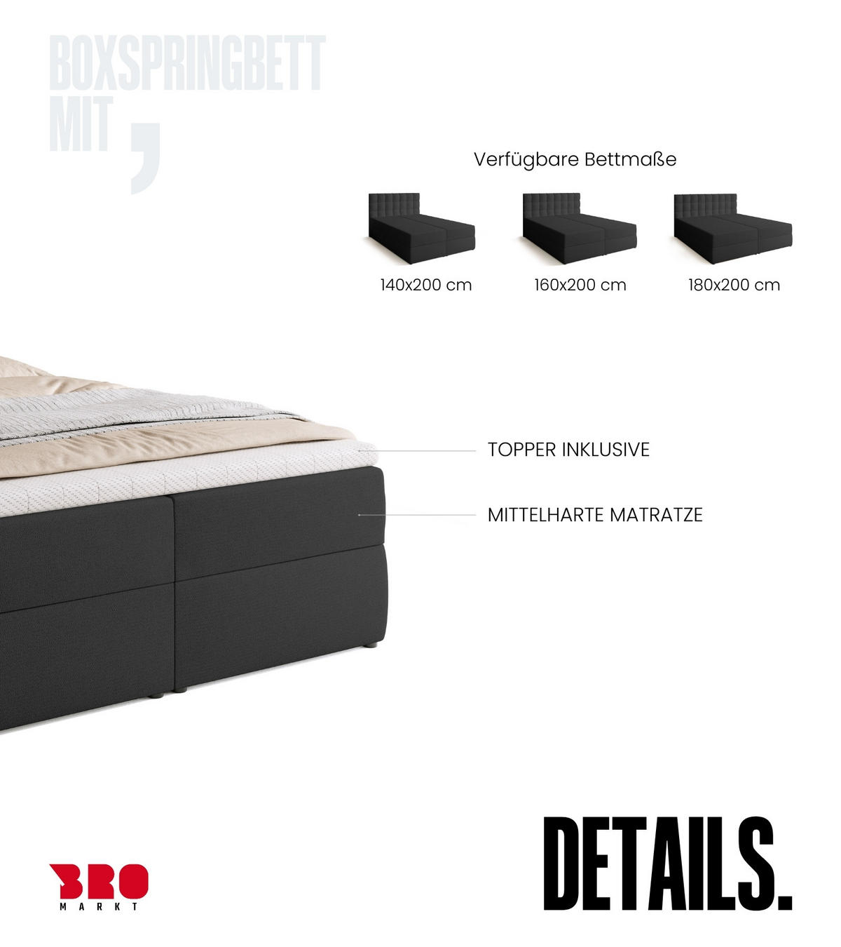 BOXBETT Detroit mit Topper 140/200 Anthrazit - Anthrazit, Holzwerkstoff/Textil (140/200cm) - Bromarkt