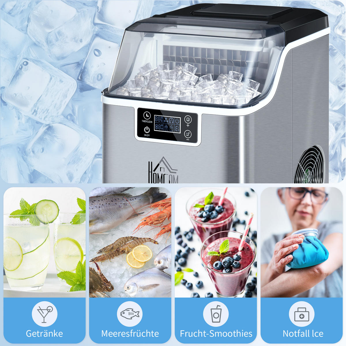 EISWÜRFELMASCHINE DE-07964 20 kg/24h, Timer & Selbstreinigung Silber - Silberfarben, Metall (25.2/37.1/36cm) - ComfortXL