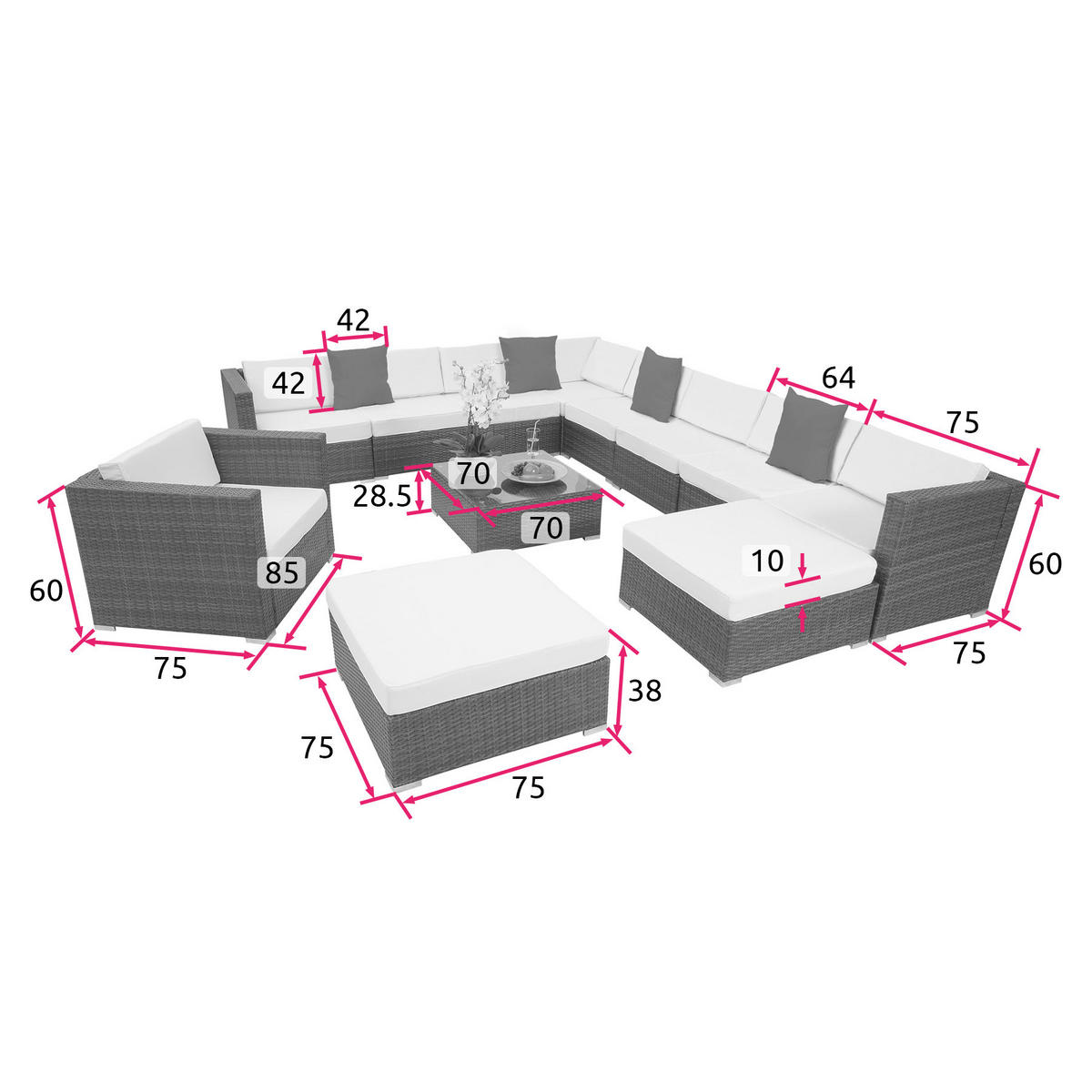 RATTANLOUNGE Las Vegas,mit Sicherheitsglasplatte,grau - Grau, Kunststoff - tectake