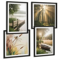 BILDER SET 4er Set - 50x50 cm & 40x60 cm Schwarzer Rahmen - See, Wald, Boot, Morgennebel - Schwarz, Kunststoff (50/50cm) - TULUP