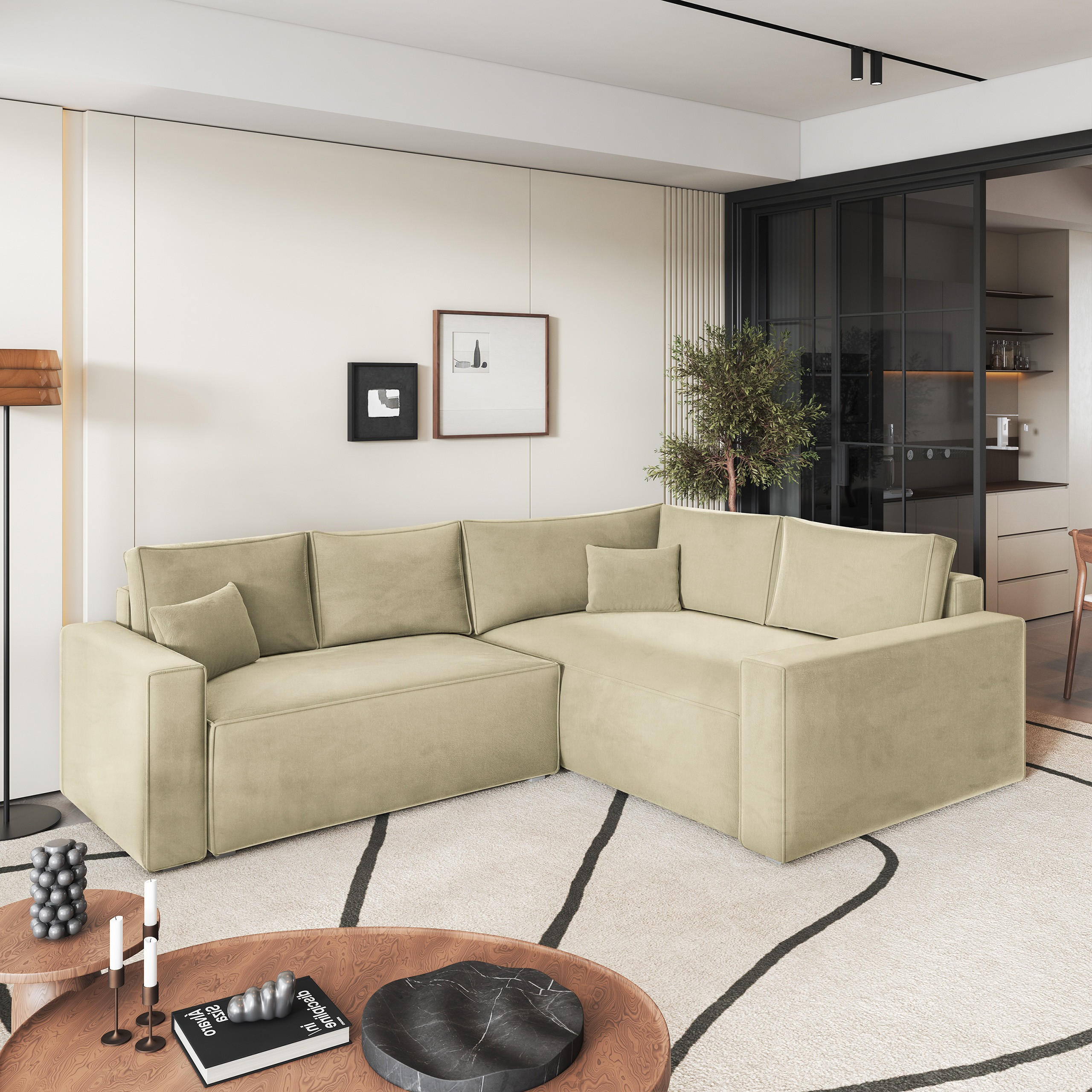 ECKSOFA ERONIS R-S Creme Velours-Stoff mit Schlaffunktion - Creme, Holz (265/194cm) - MASSENO