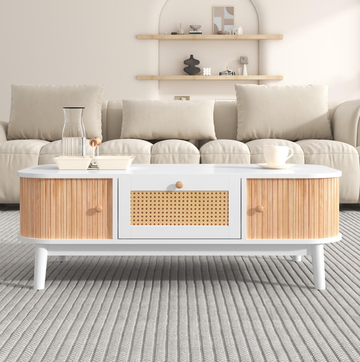 COUCHTISCH 110/55/38,5 cm in Weiß mit Rattan-Details und Stauraum - Weiß, Holzwerkstoff (110/55/38.5cm) - Flora Grace