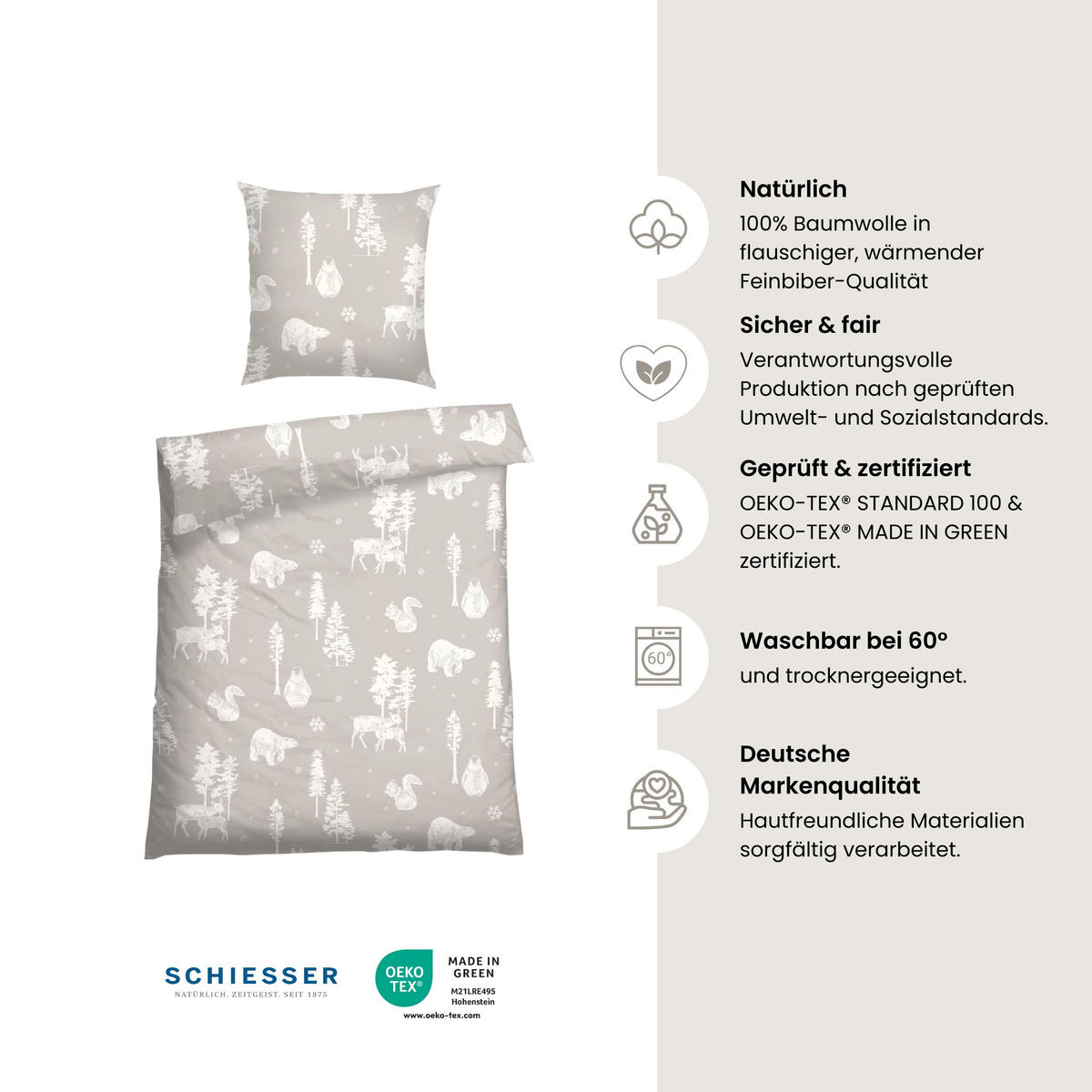 BETTWÄSCHESET Nordic - Feinbiber - 2-teilig - 135 x 200 cm - Greige - Greige, Textil (135/200cm) - SCHIESSER