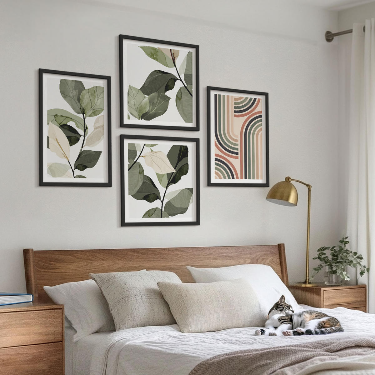 WANDBILDER 4er-Set - 50x50 cm & 40x60 cm Schwarzer Rahmen - Geometrische Pflanzenmotive - Schwarz, Kunststoff (50/50cm) - ArtPrintCave