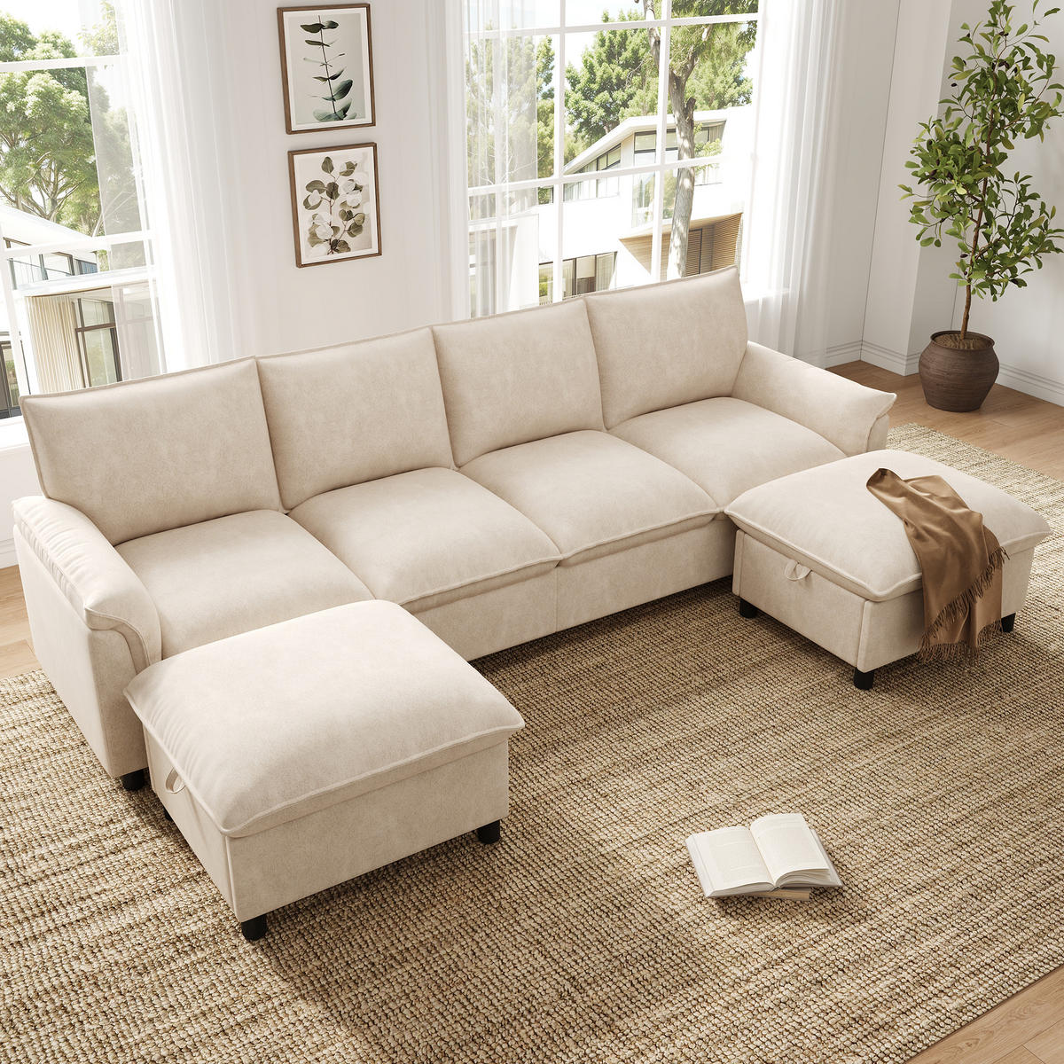 WOHNLANDSCHAFT 264.5/142.5/84 cm Beige mit 2 Aufbewahrungs-Ottomane - Beige, Textil (142.5/84/264.5cm) - Oxeza