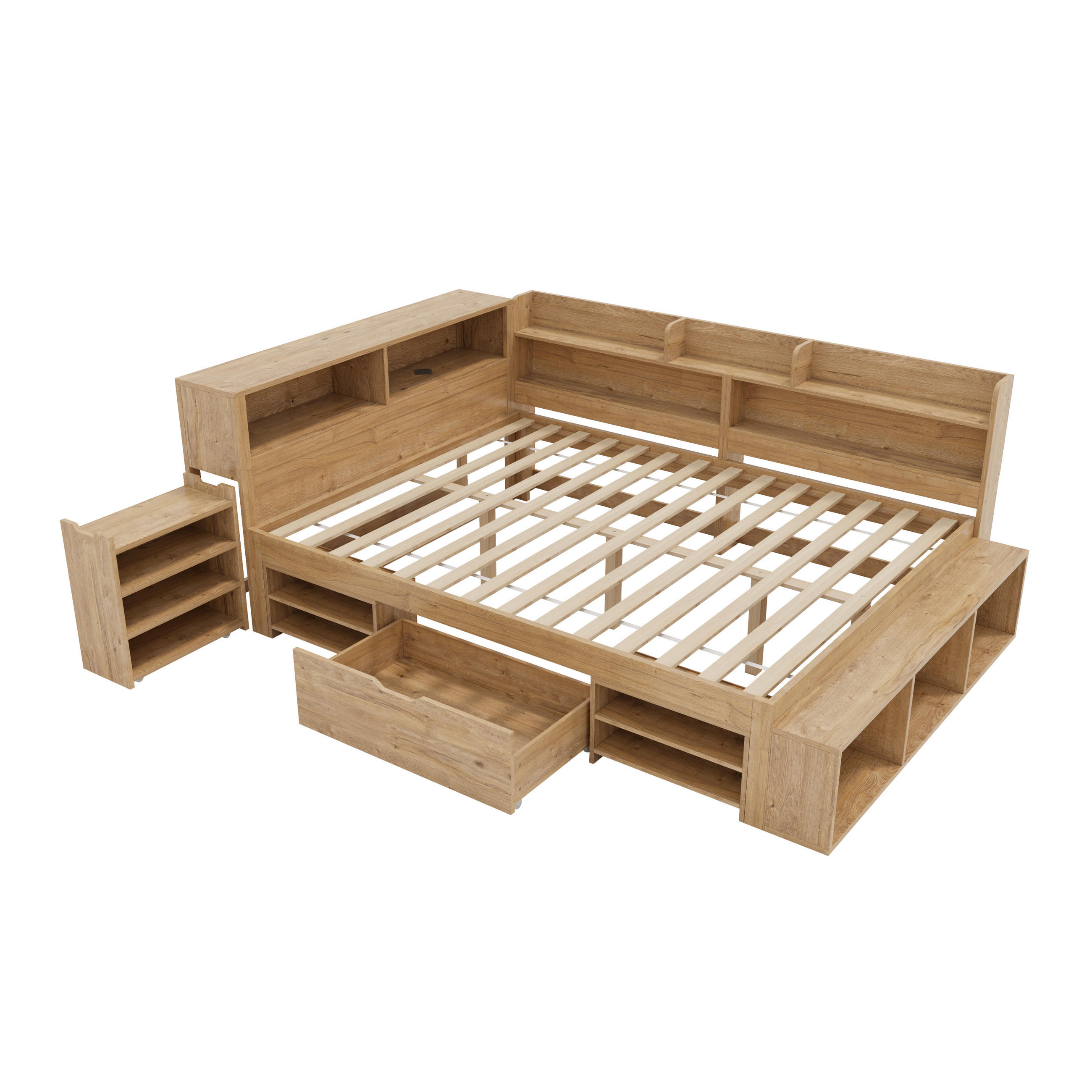 STAURRAUMBETT 140/200 cm DE-03100, mit Nachttisch, Schubladen und Regalen, in Natur - Naturfarben, Holzwerkstoff (140/200cm) - ComfortXL