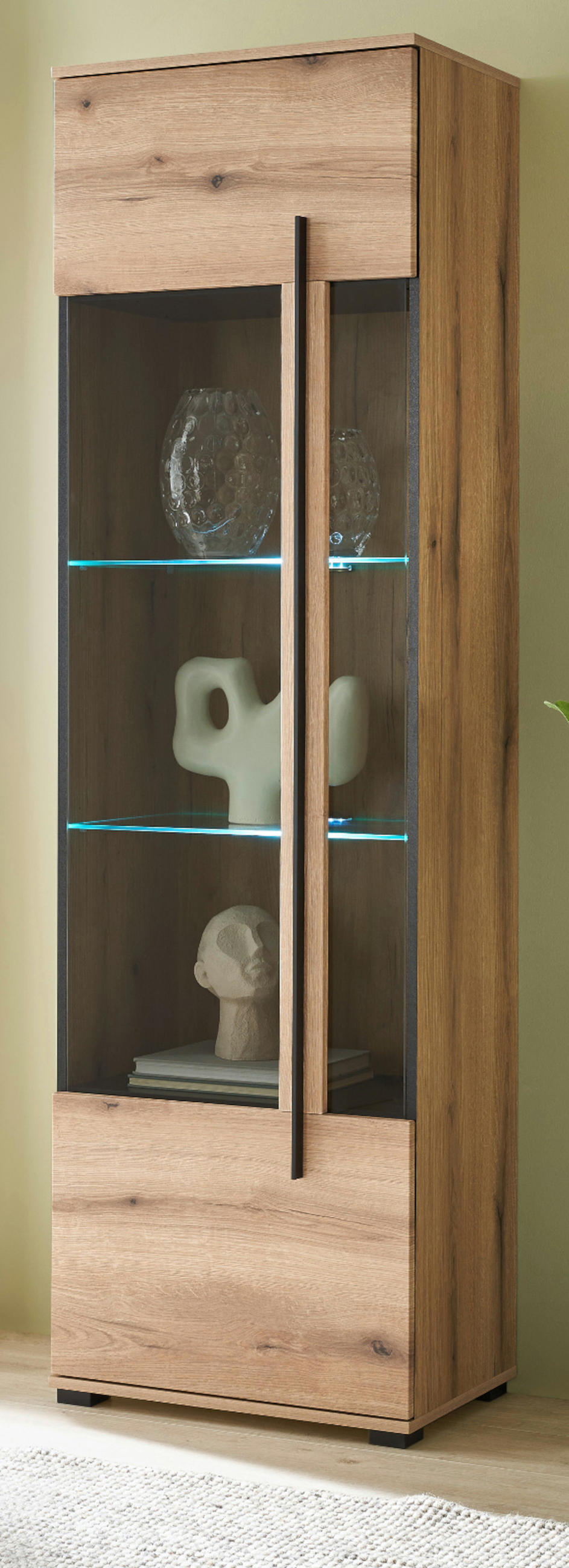 VITRINE Eiche Evoke, Vitrinenschrank 60 cm mit Beleuchtung - Eichefarben/Schwarz, Glas/Holzwerkstoff (60/200/37cm) - Furn.Design